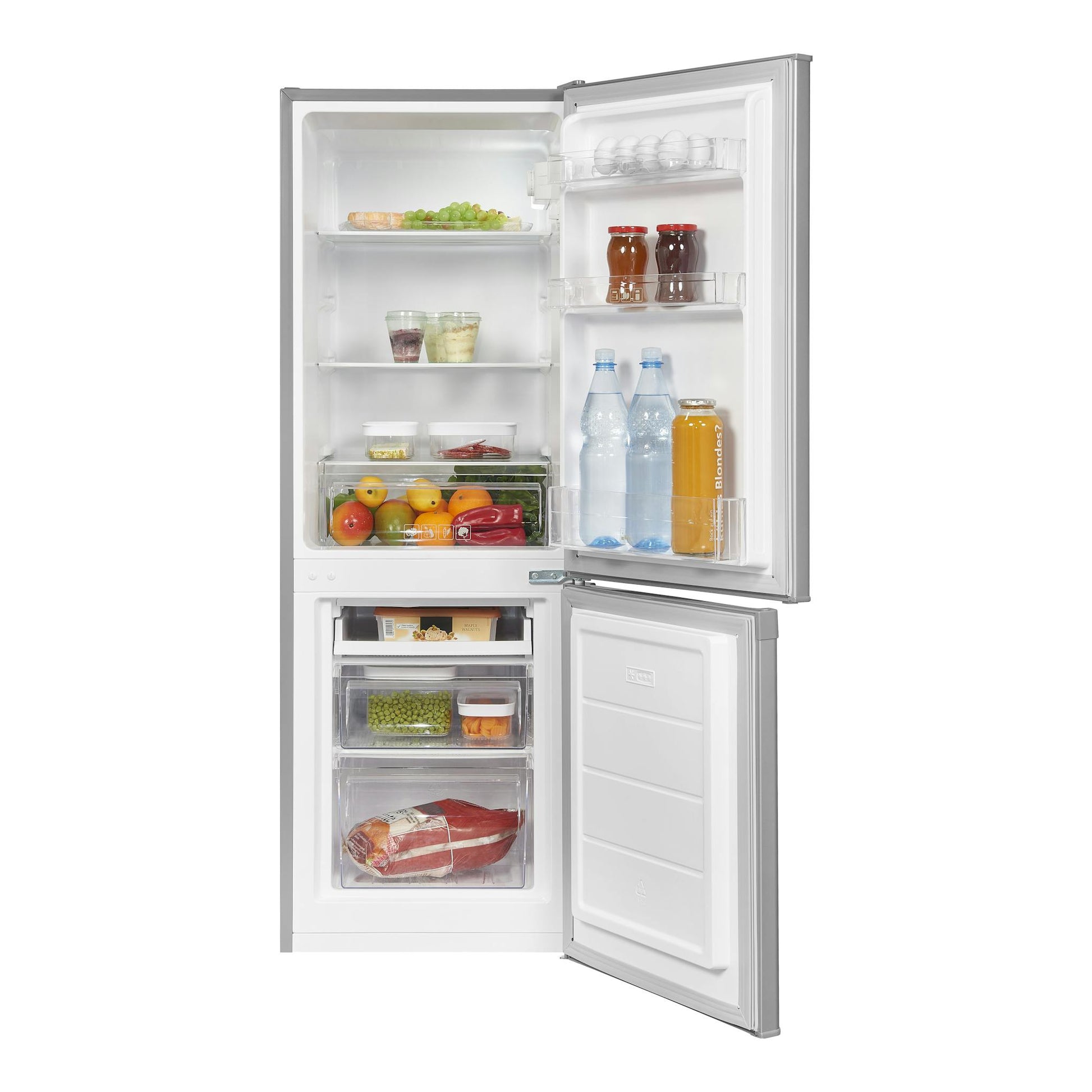 Frigorífico combi Exquisit KGC232-60-E-040E en plata, vista frontal abierta con congelador inferior.
