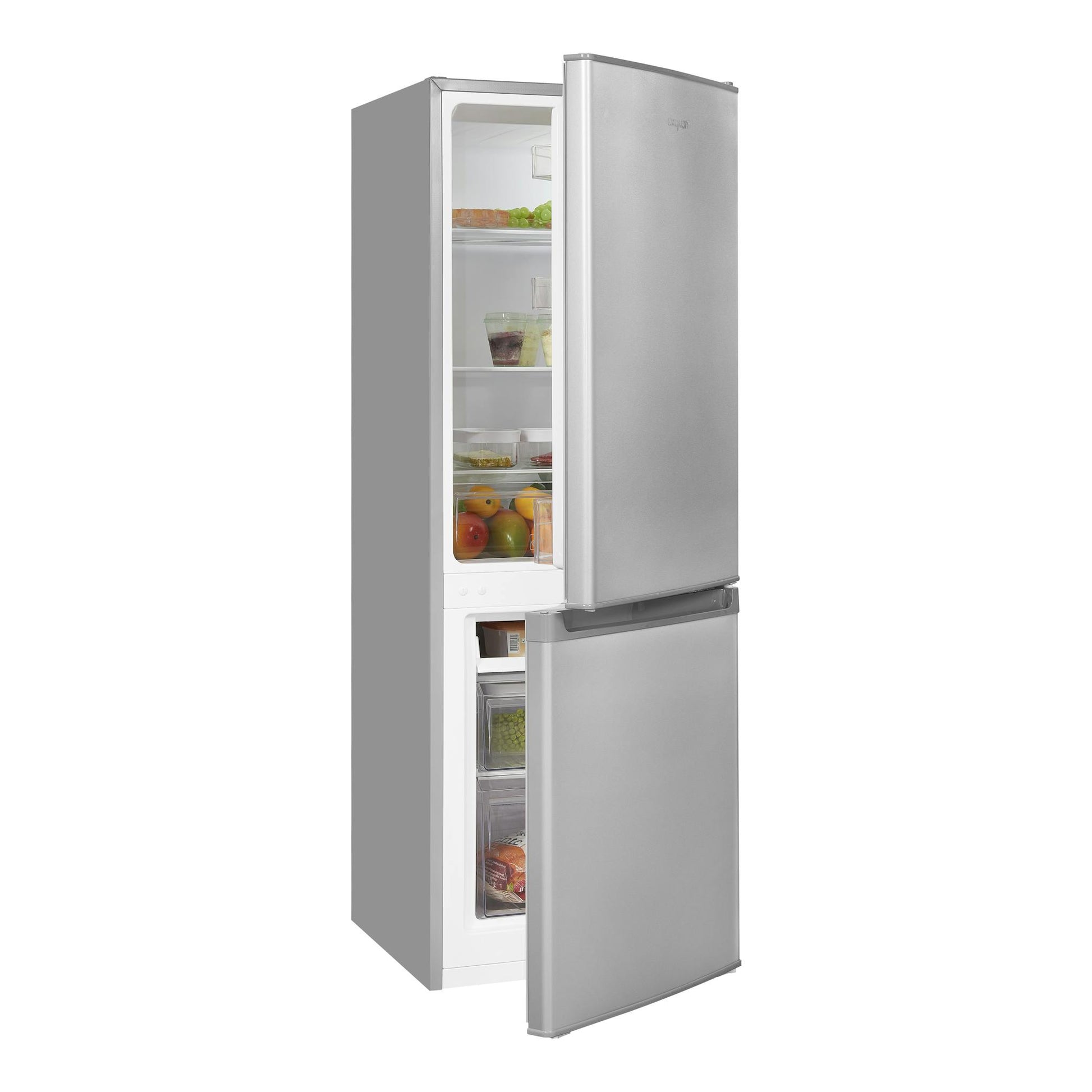 Frigorífico combi Exquisit KGC232-60-E-040E, color plata, vista frontal con puertas abiertas.