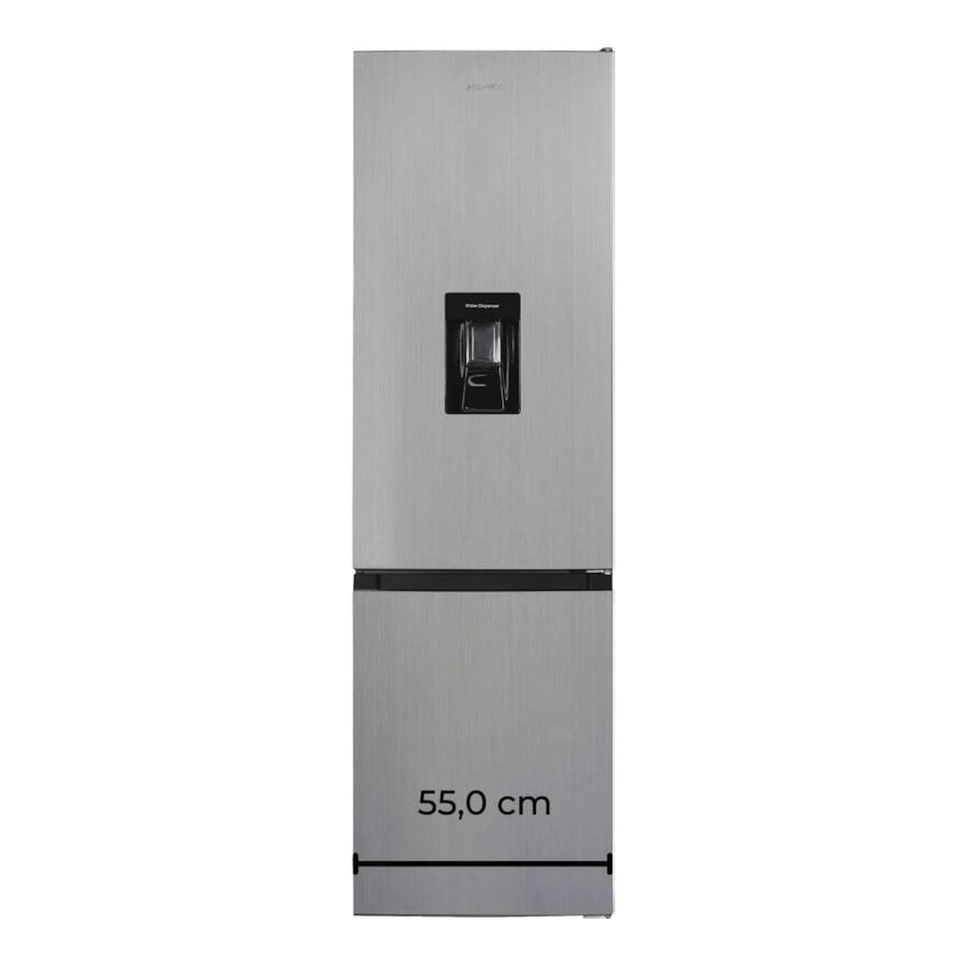 Frigorífico combi Exquisit KGC265-70-WS-040E inoxlook, vista frontal, acabado inox, con dispensador de agua.