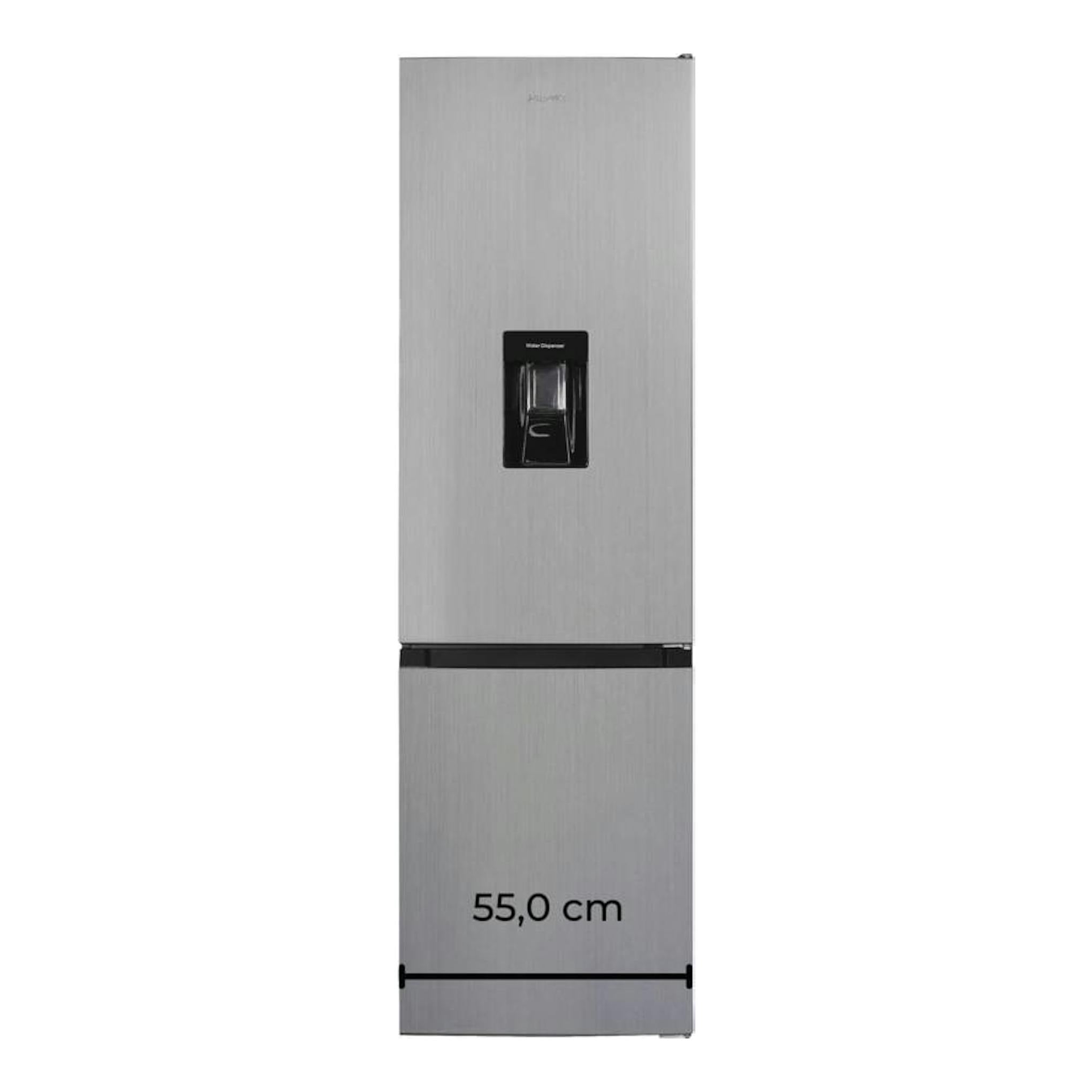 Frigorífico combi Exquisit KGC265-70-WS-040E inoxlook, vista frontal, acabado inox, con dispensador de agua.