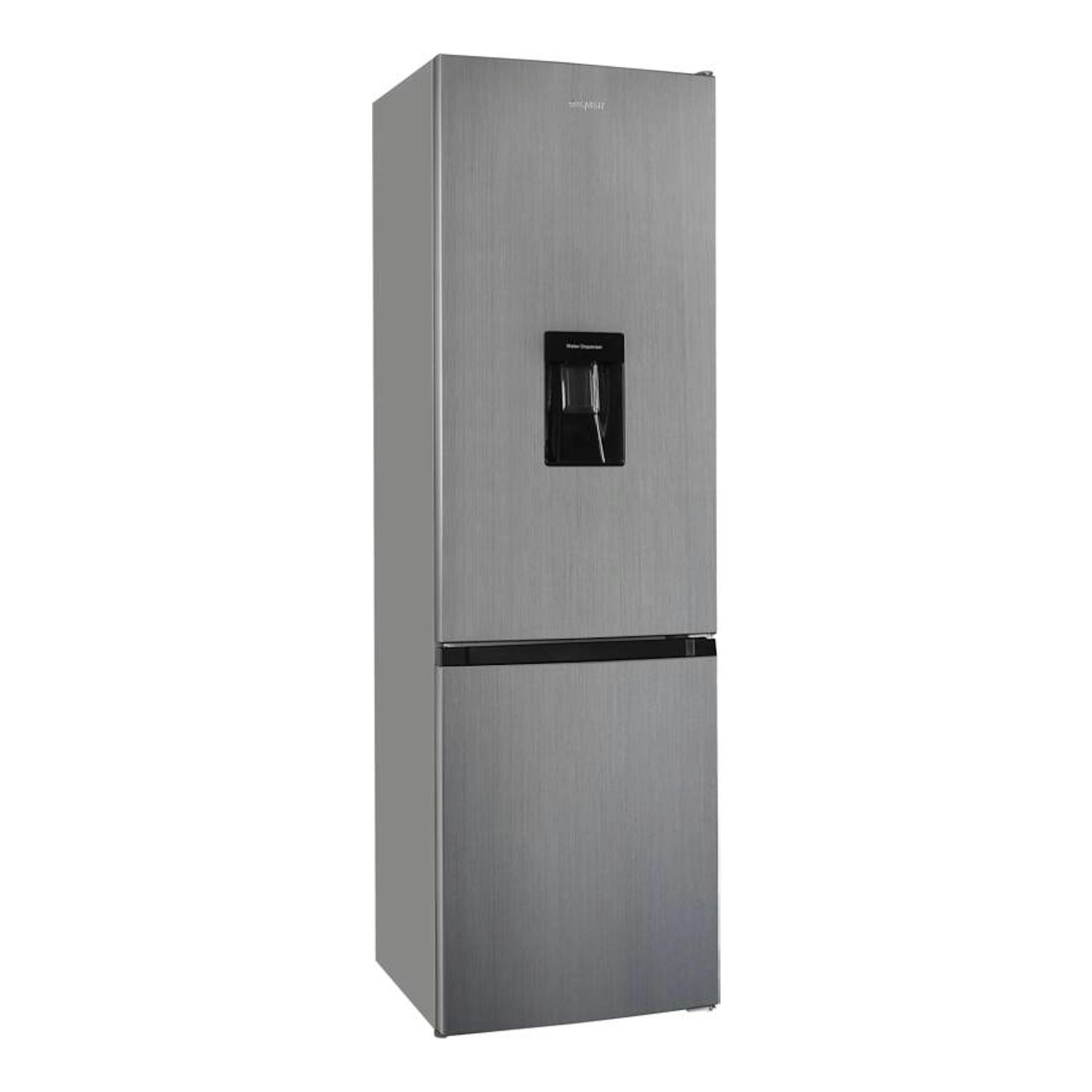 Frigorífico combi Exquisit KGC265-70-WS-040E inoxlook, vista frontal en acero inoxidable con dispensador.