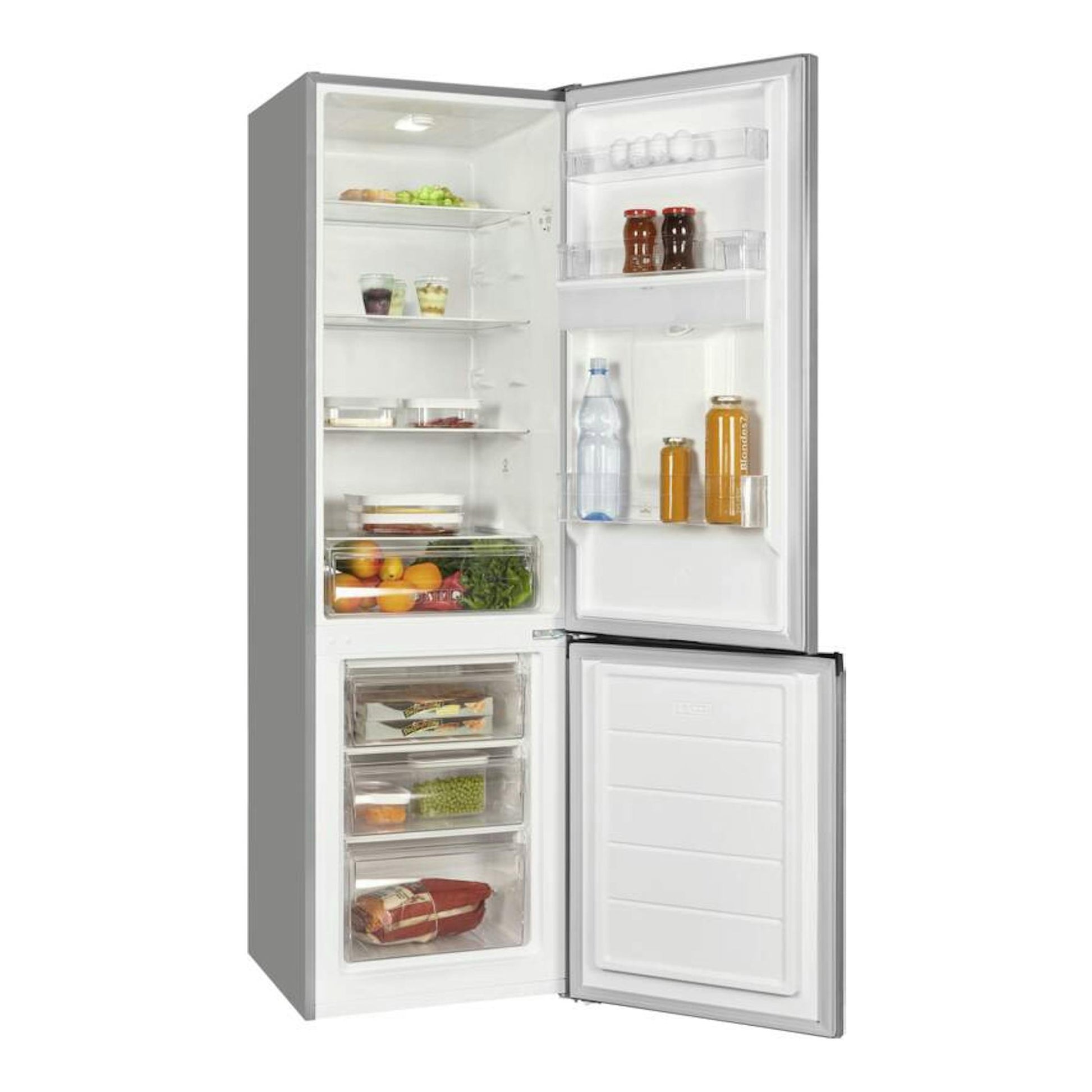 Frigorífico combi Exquisit KGC265-70-WS-040E en inox, vista frontal con puertas abiertas y estantes visibles.