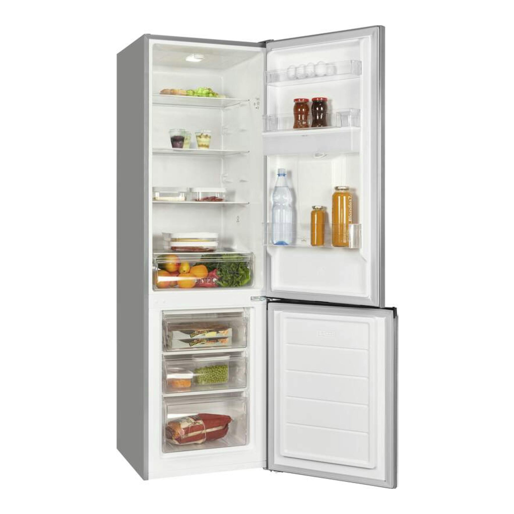 Frigorífico combi Exquisit KGC265-70-WS-040E en inox, vista frontal con puertas abiertas y estantes visibles.