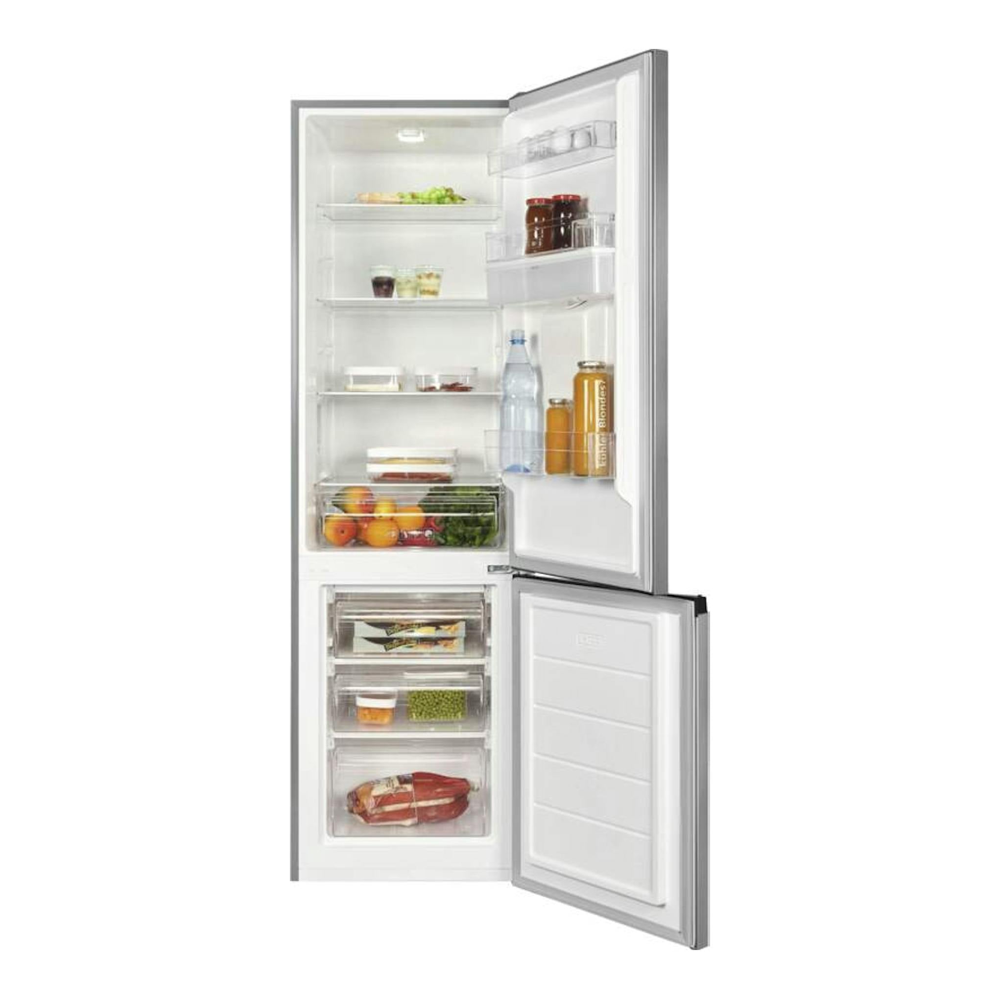 Frigorífico combi Exquisit KGC265-70-WS-040E en inox, vista frontal abierta con estantes y cajones.