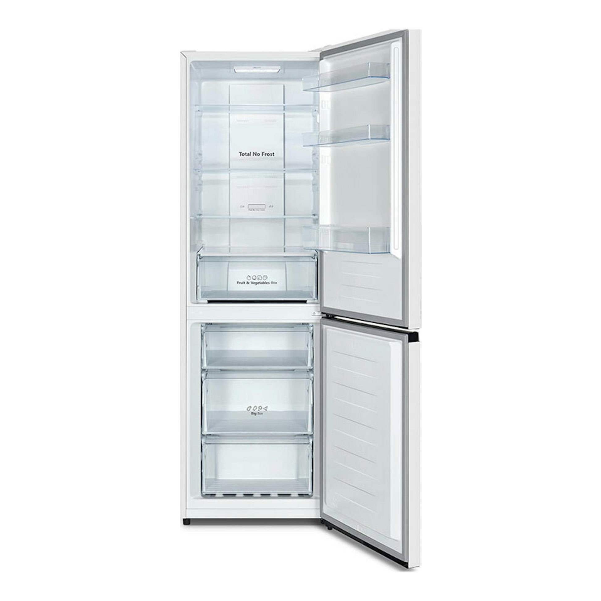Combi Hisense RB390N4DWD blanco, vista frontal con puertas abiertas y compartimentos interior y congelador.