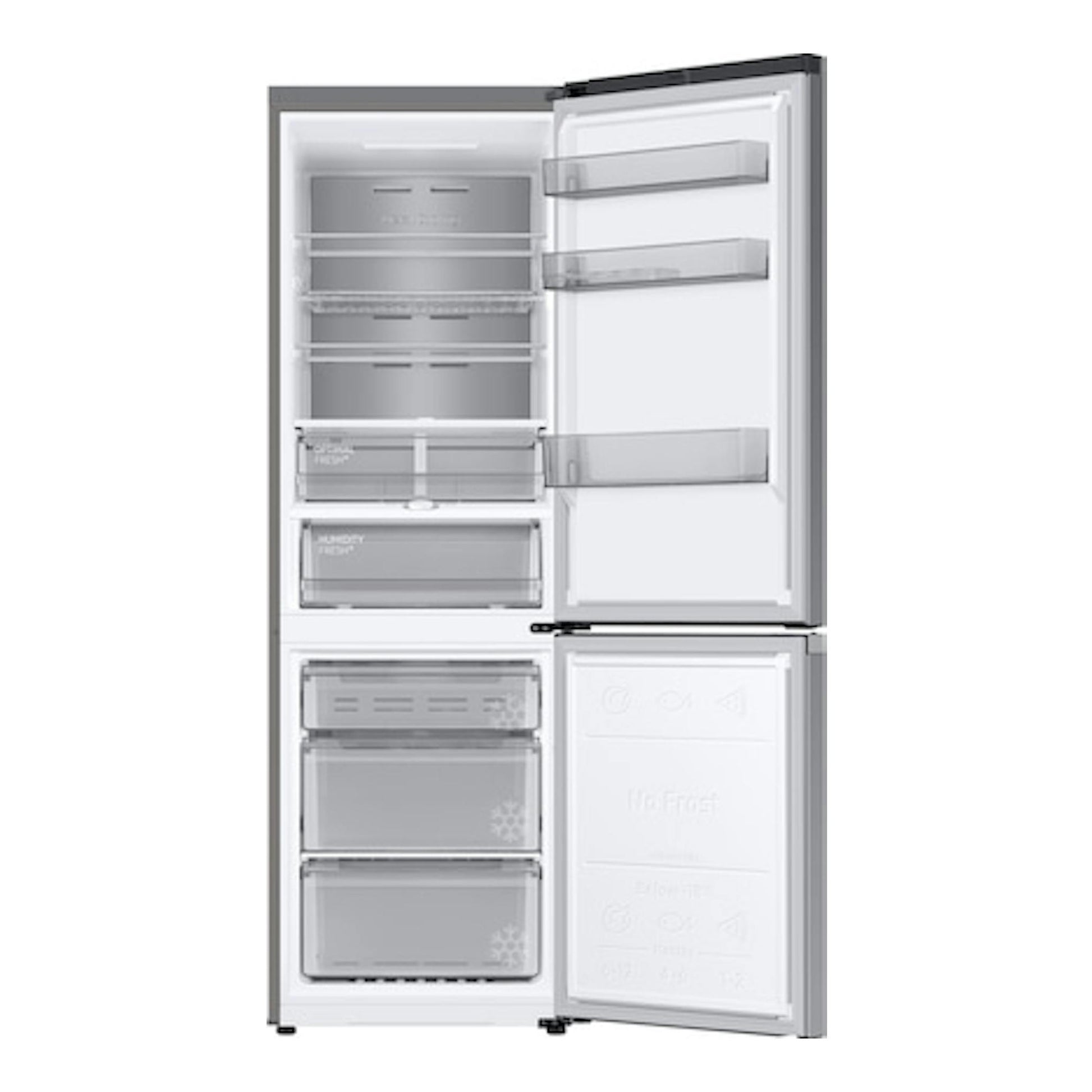 Frigorífico combi Samsung RB34C705CS9/EF en inox, visto de frente con las puertas abiertas.