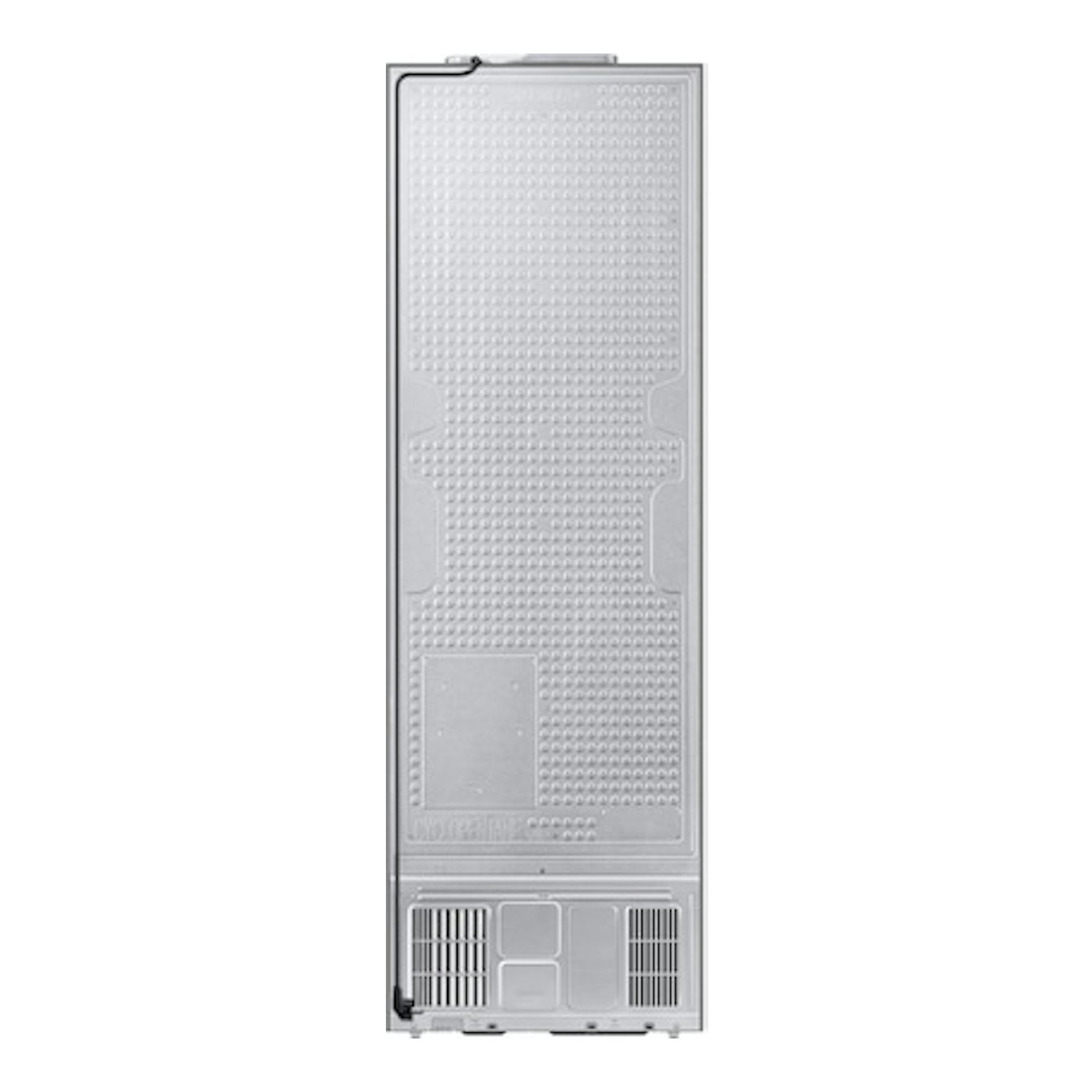 Frigorífico combi Samsung RB34C705CS9/EF, vista trasera, acabado inox, panel posterior plateado con rejillas inferiores.
