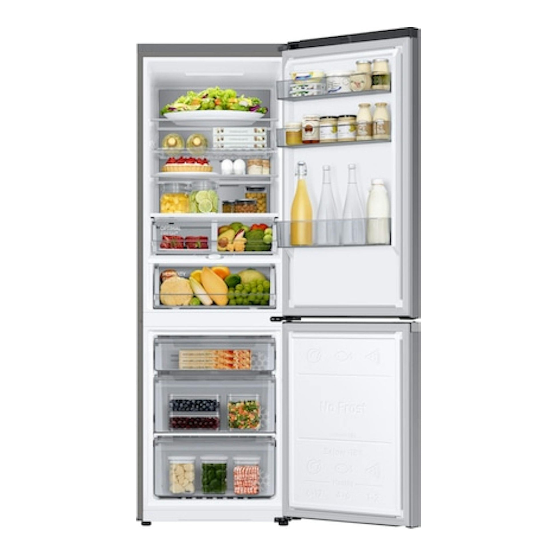 Frigorífico combi Samsung RB34C705CS9/EF en inox, vista frontal abierta, con alimentos en nevera y congelador.