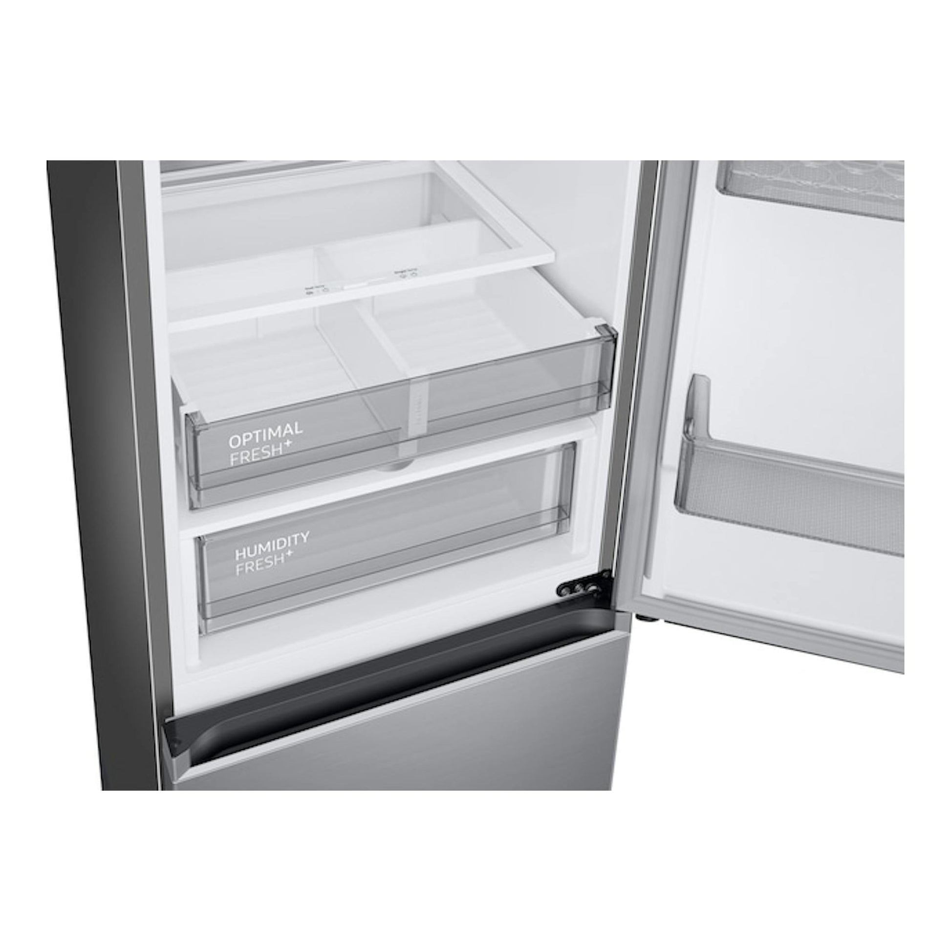 Frigorífico combi Samsung RB34C705CS9/EF en inox, con puerta abierta y cajones interiores visibles.