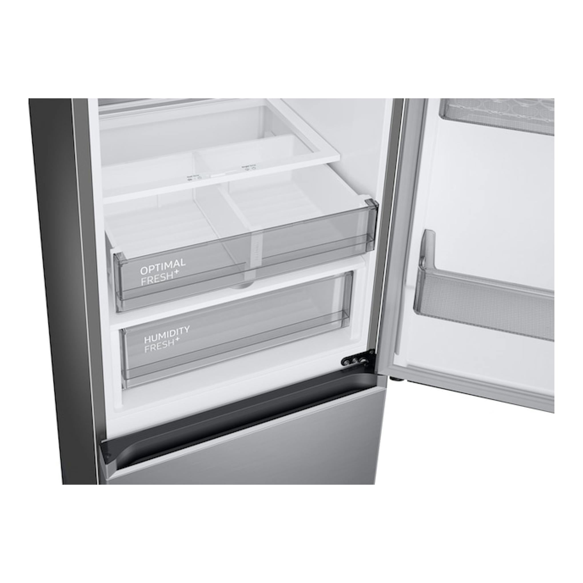 Frigorífico combi Samsung RB34C705CS9/EF en inox, con puerta abierta y cajones interiores visibles.