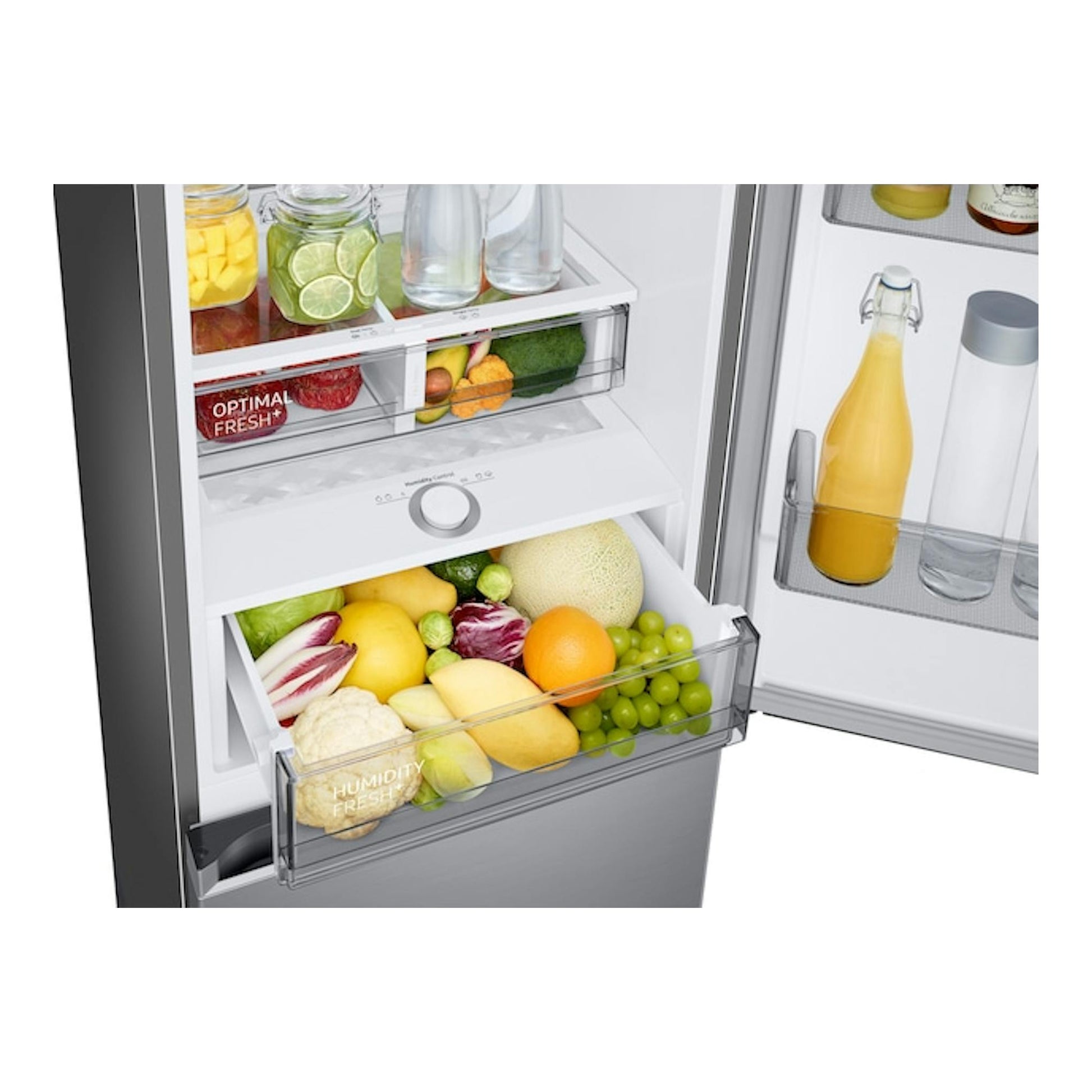 Frigorífico combi Samsung RB34C705CS9/EF abierto, interior blanco con cajones y estantes con frutas.