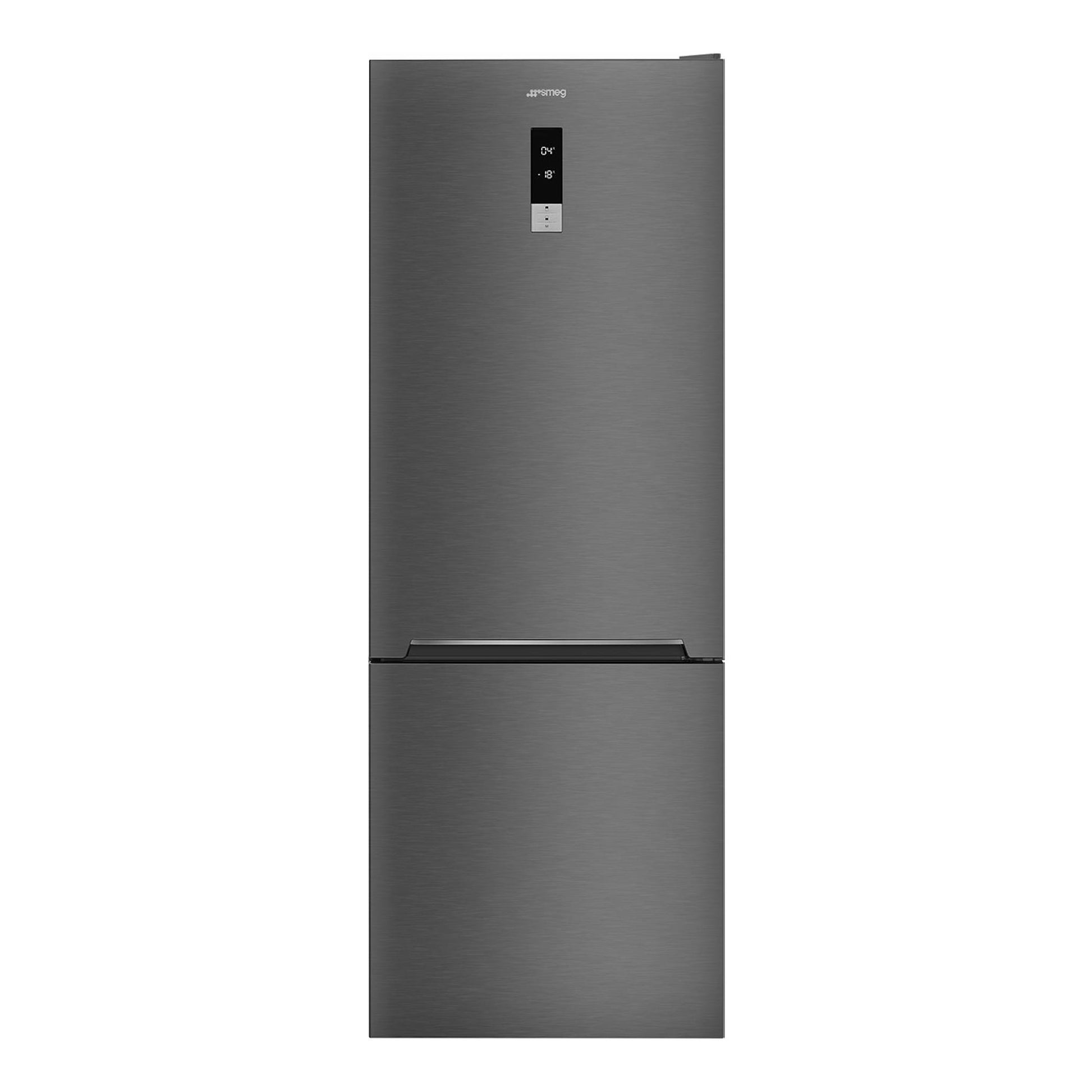 Frigorífico combi Smeg FC48KDND gris, vista frontal, con display digital en la puerta.