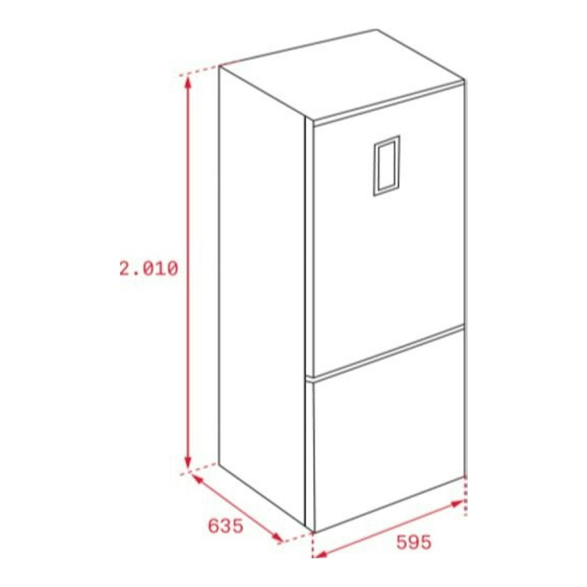 Frigorífico combi Teka NFL 430 S WHITE EU en blanco, dibujo técnico en perspectiva con medidas 2010x595x635 mm.