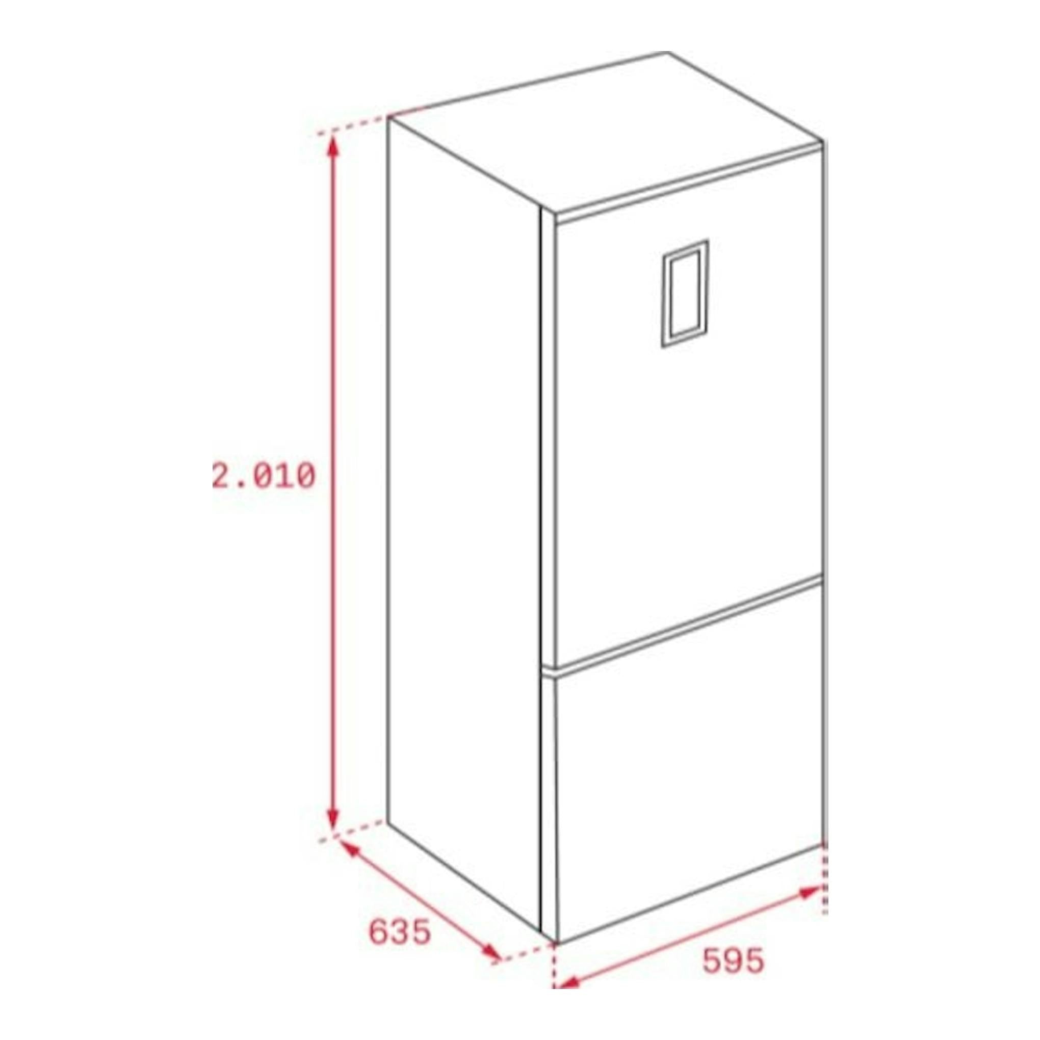 Frigorífico combi Teka NFL 430 S WHITE EU en blanco, dibujo técnico en perspectiva con medidas 2010x595x635 mm.