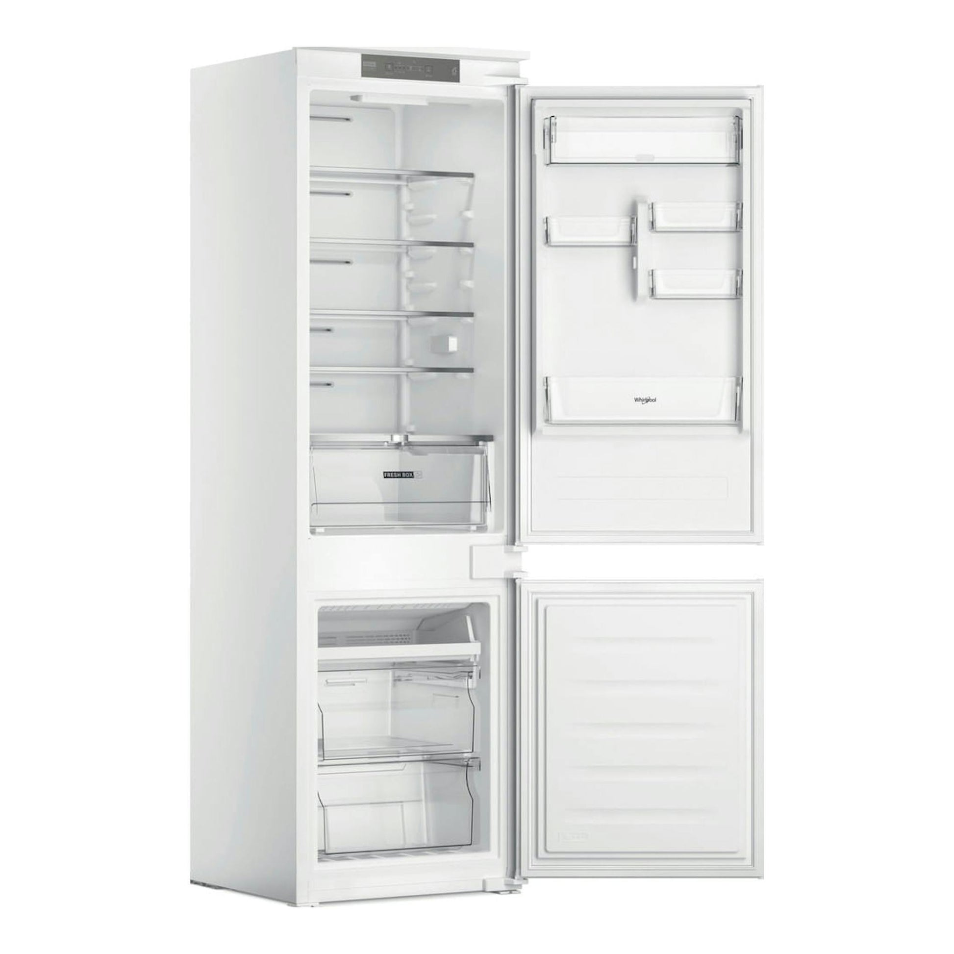 Frigorífico combi Whirlpool WHC18 T311 blanco, vista frontal con puertas abiertas y compartimentos interiores.