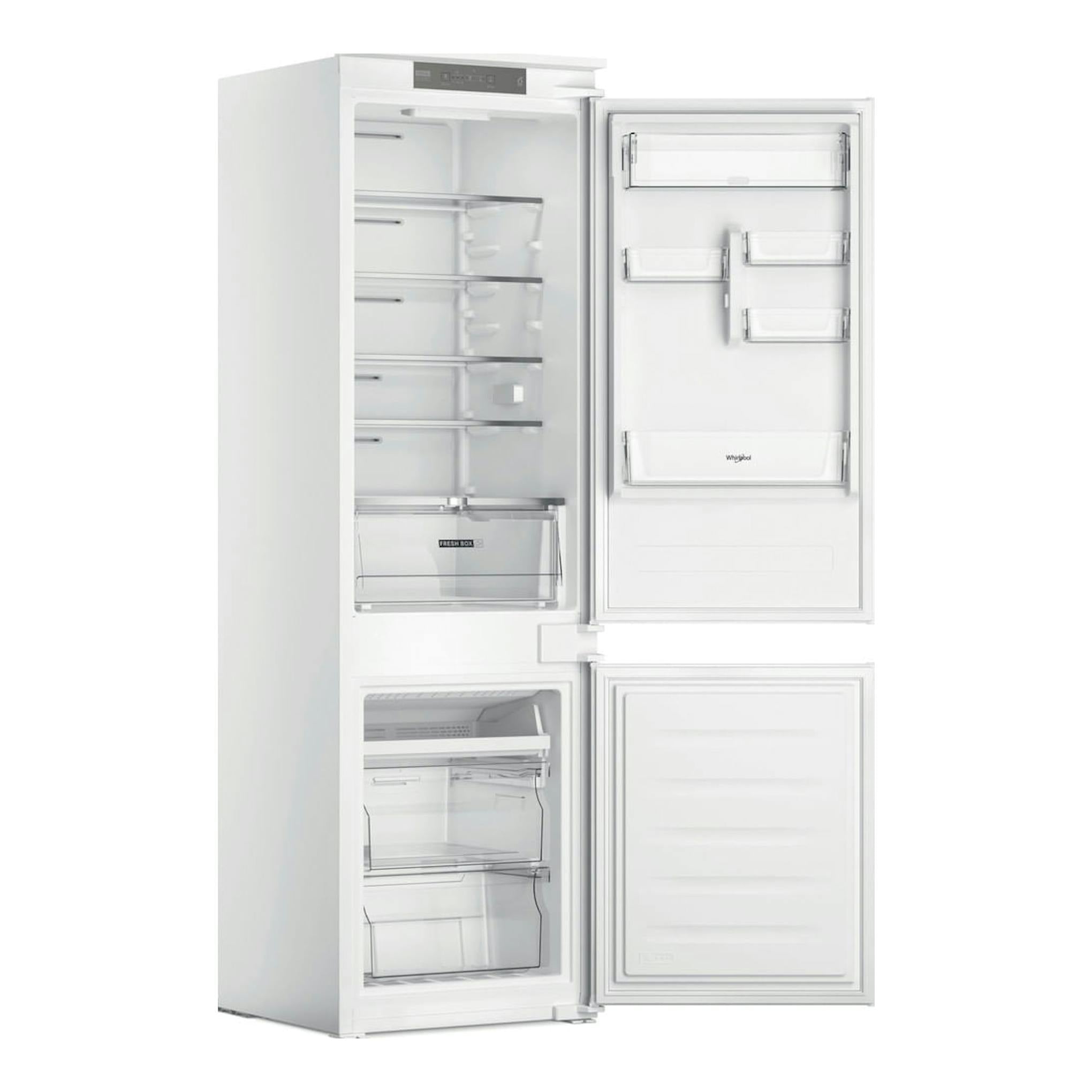 Frigorífico combi Whirlpool WHC18 T311 blanco, vista frontal con puertas abiertas y compartimentos interiores.