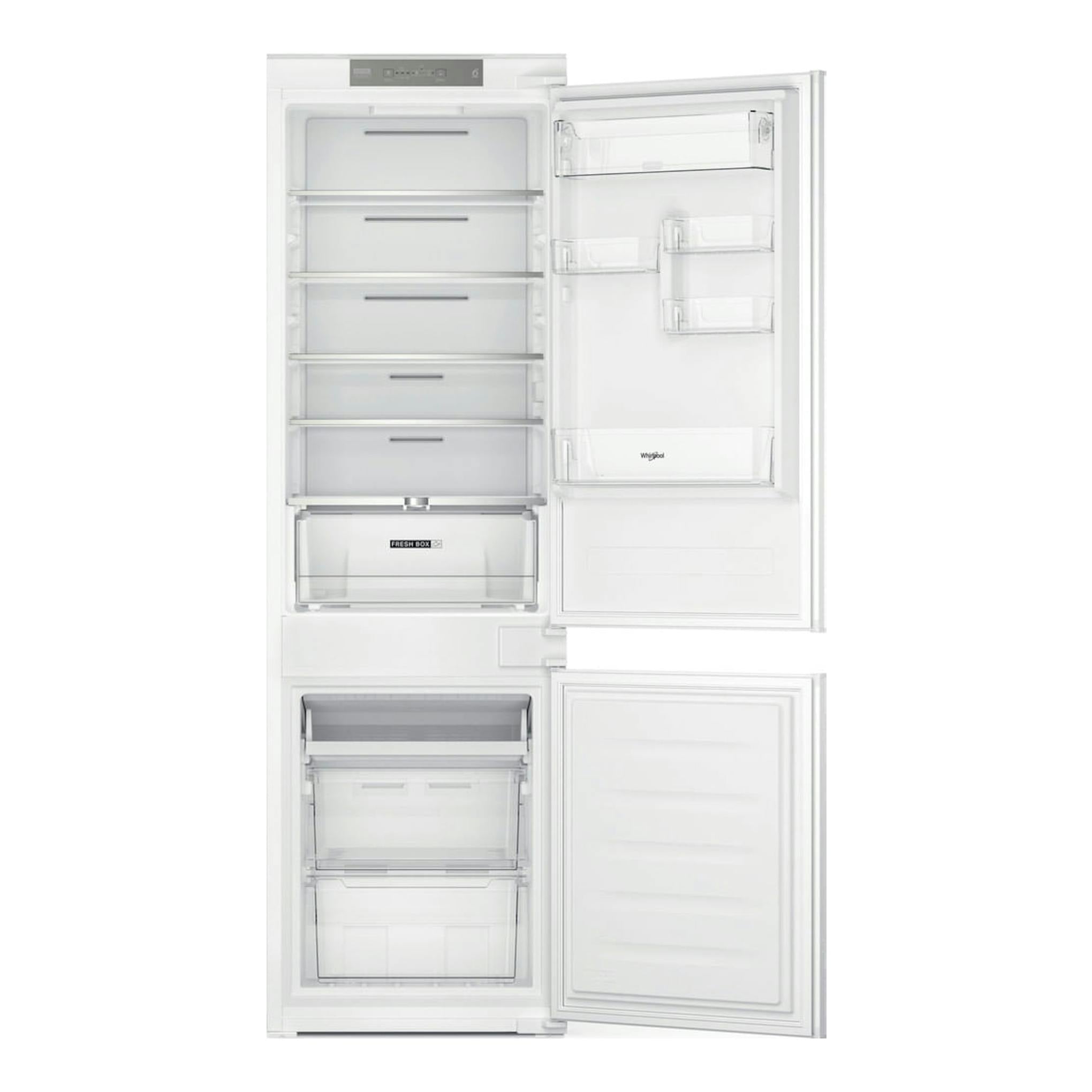 Frigorífico combi integrable Whirlpool WHC18 T311 blanco, vista frontal con puertas abiertas.