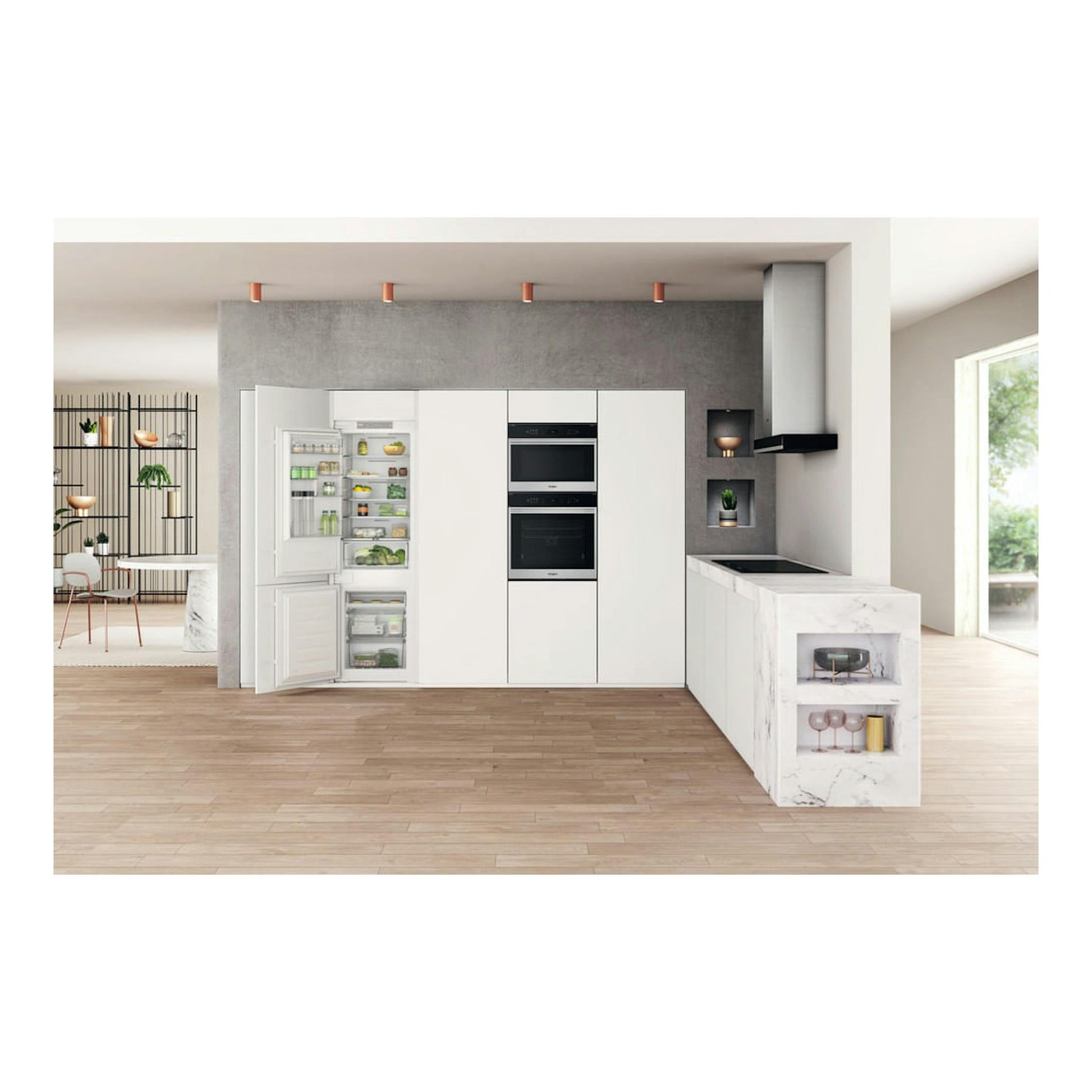 Frigorífico combi integrable Whirlpool WHC18 T311 blanco, con puerta abierta e interior visible.