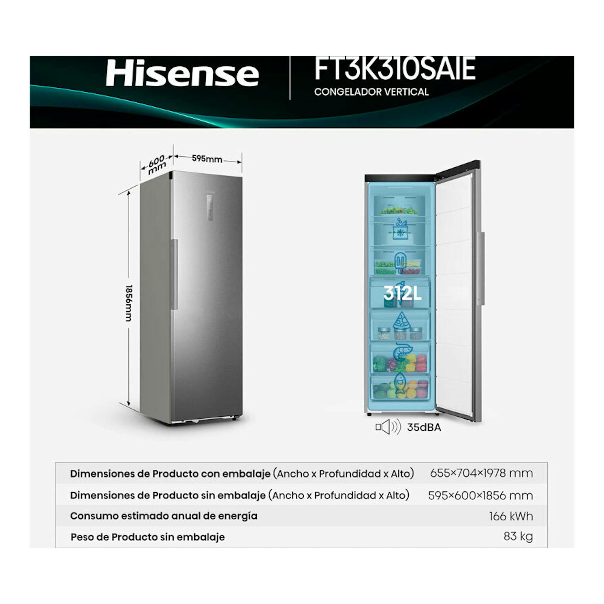 Congelador vertical Hisense FT3K310SAIE en inox, vista frontal y puerta abierta, 312 L.