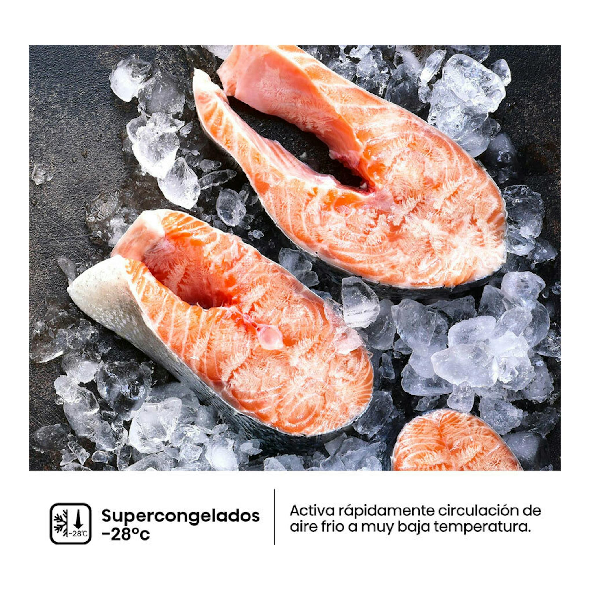 Imagen promocional de salmón sobre hielo con texto “Supercongelados -28°C”.