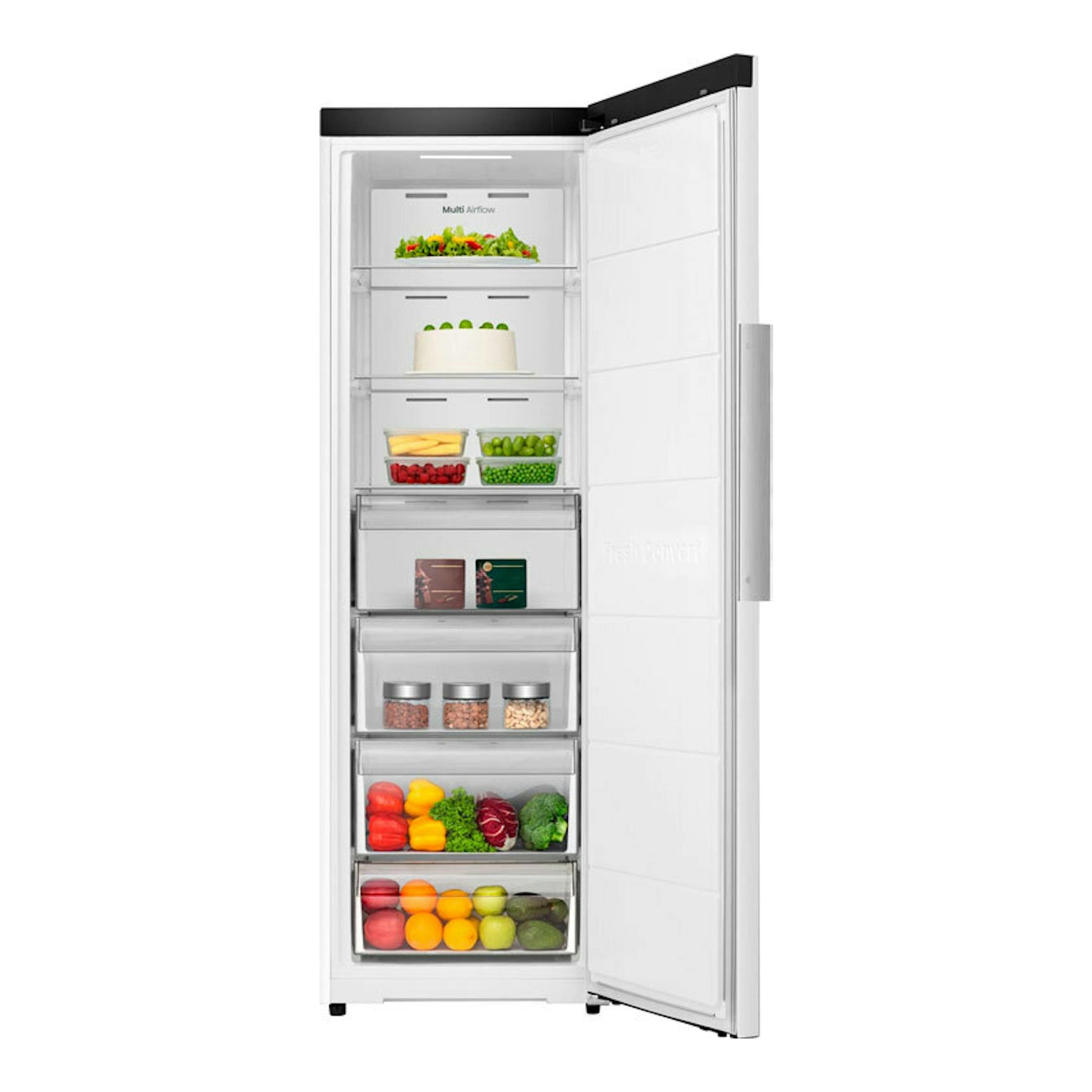 Congelador vertical Hisense FT3K310SEWE blanco, vista frontal con puerta abierta.