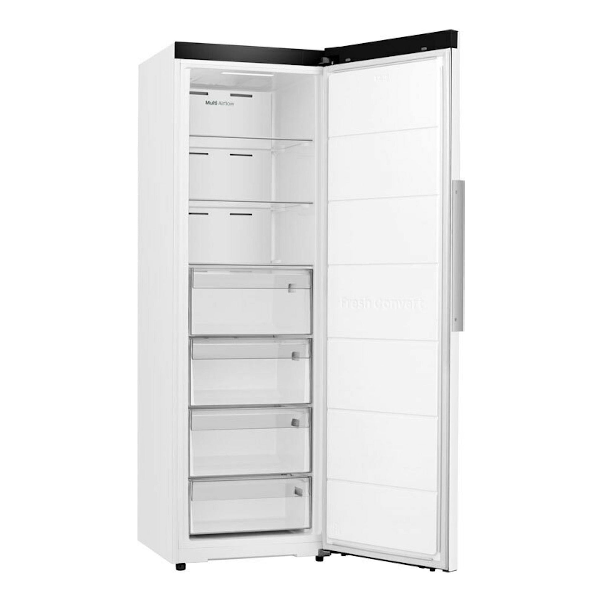 Congelador Hisense FT3K310SEWE blanco, vista frontal con la puerta abierta y cajones interiores visibles.