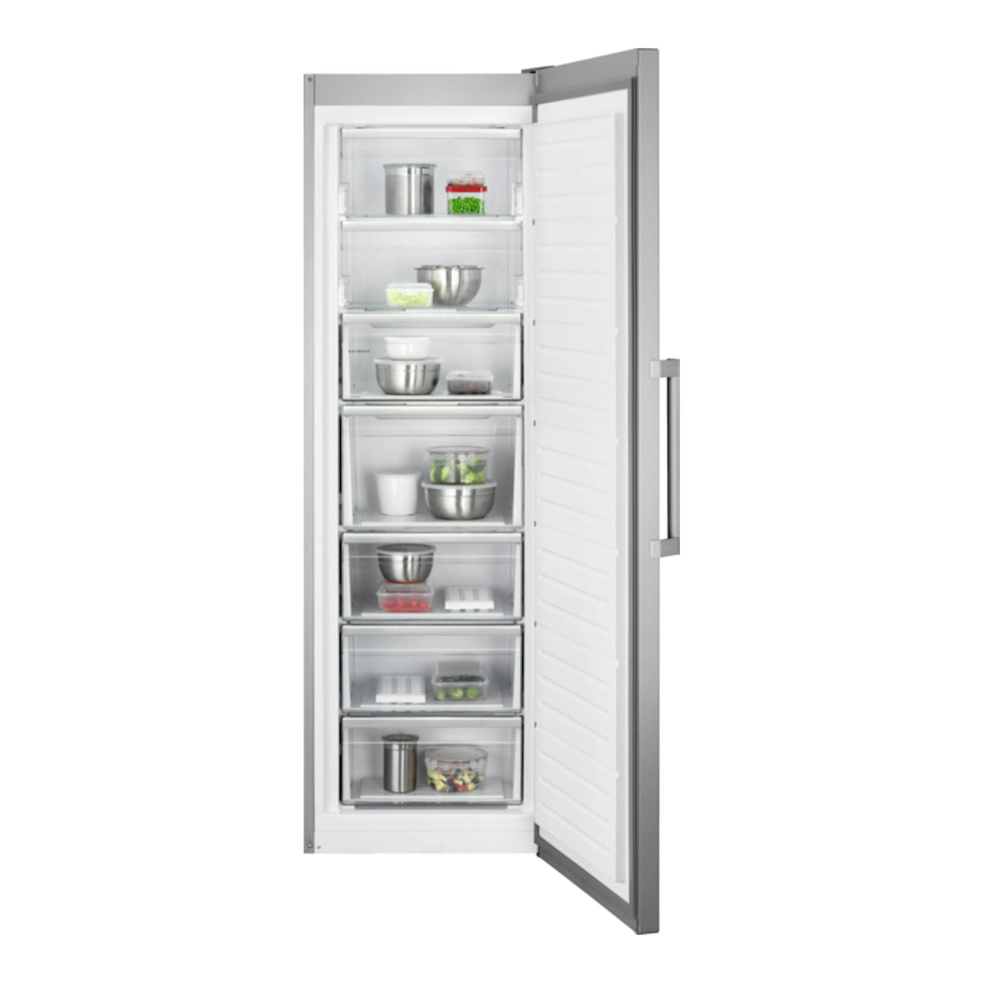 Congelador vertical AEG AGB728E3NX inox, abierto en vista frontal, con cajones transparentes.