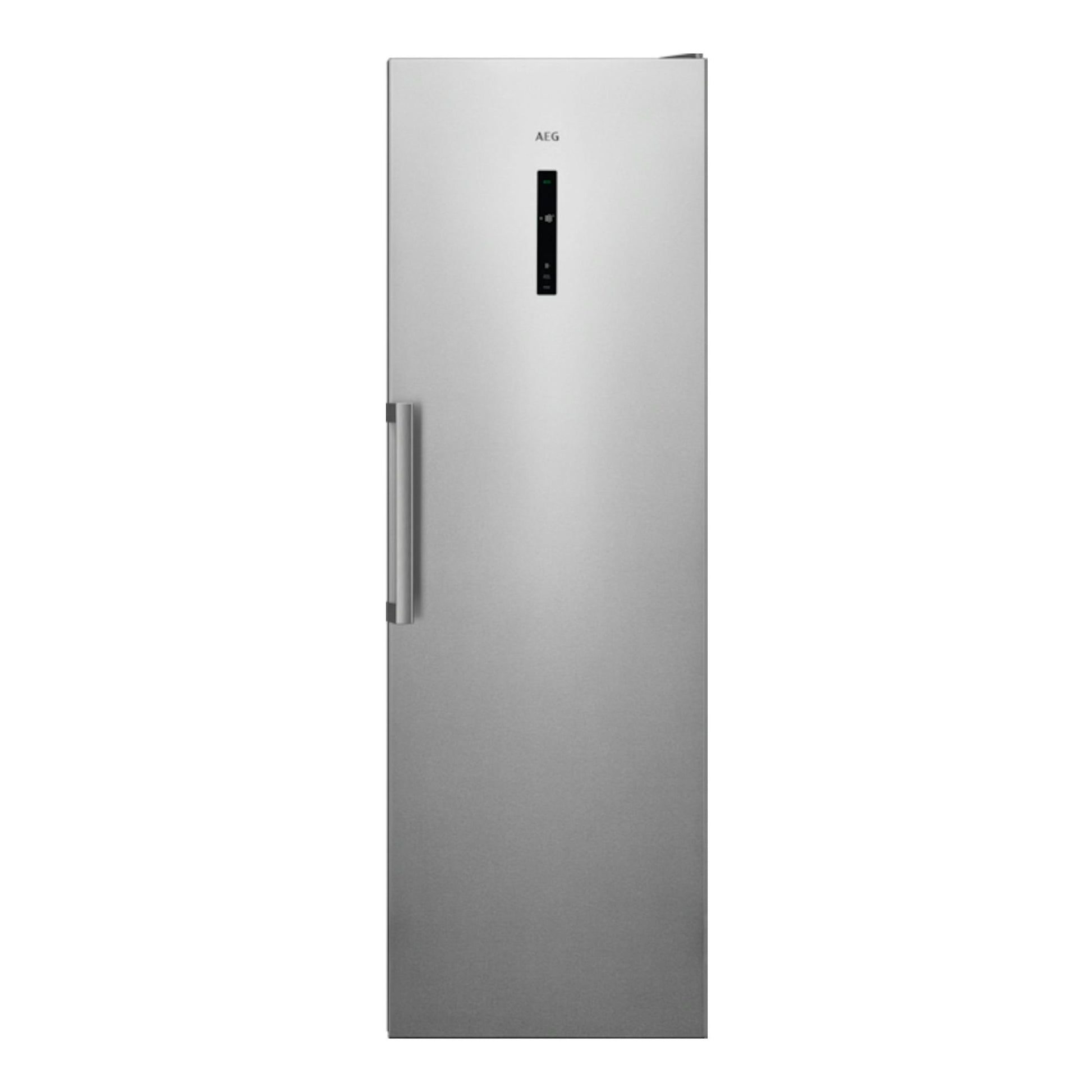 Congelador vertical AEG AGB728E3NX de acero inoxidable, vista frontal con tirador lateral.