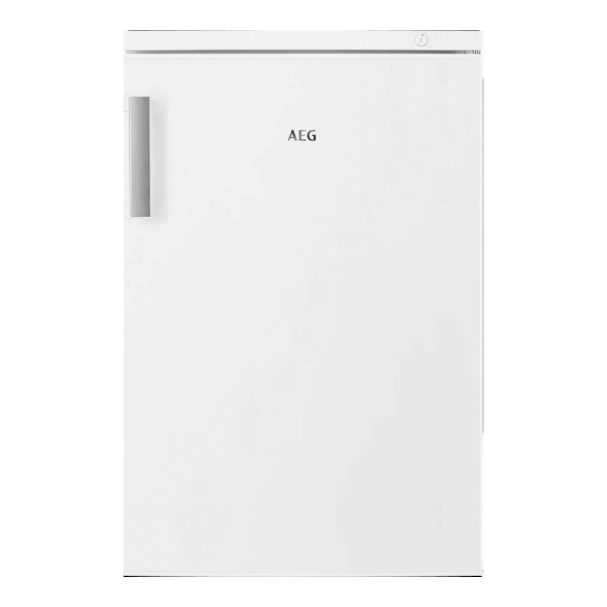 Congelador vertical AEG ATB48E1AW blanco, vista frontal, con tirador en el lado izquierdo.