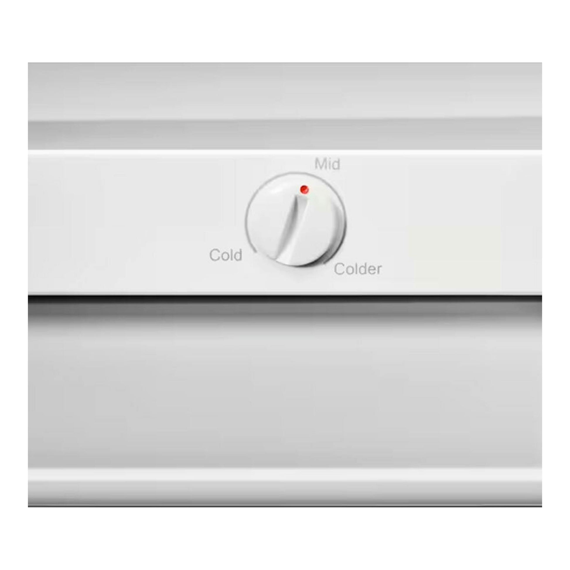Detalle frontal de un congelador AEG ATB48E1AW blanco, con mando de temperatura y escala Cold, Mid y Colder.