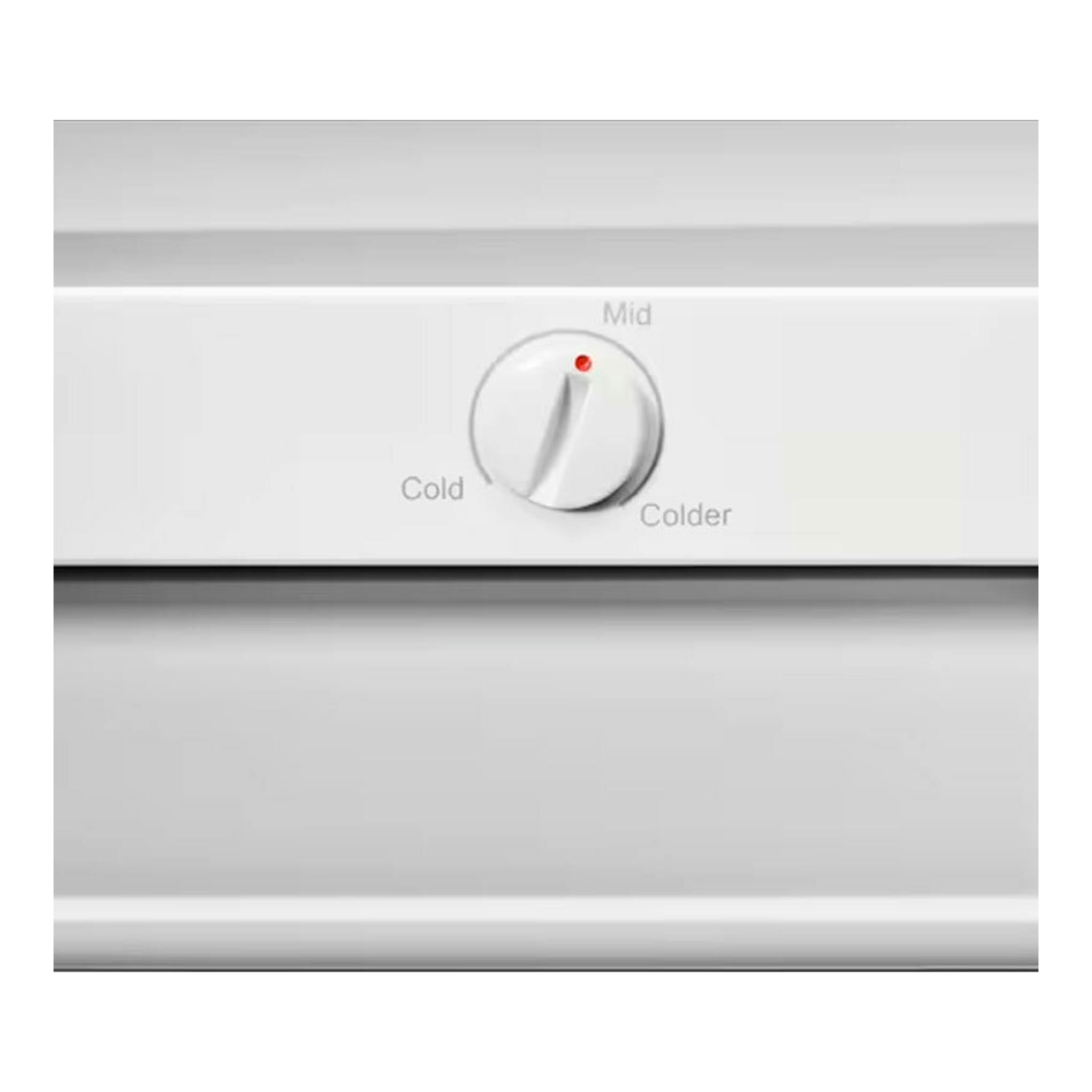 Detalle frontal de un congelador AEG ATB48E1AW blanco, con mando de temperatura y escala Cold, Mid y Colder.