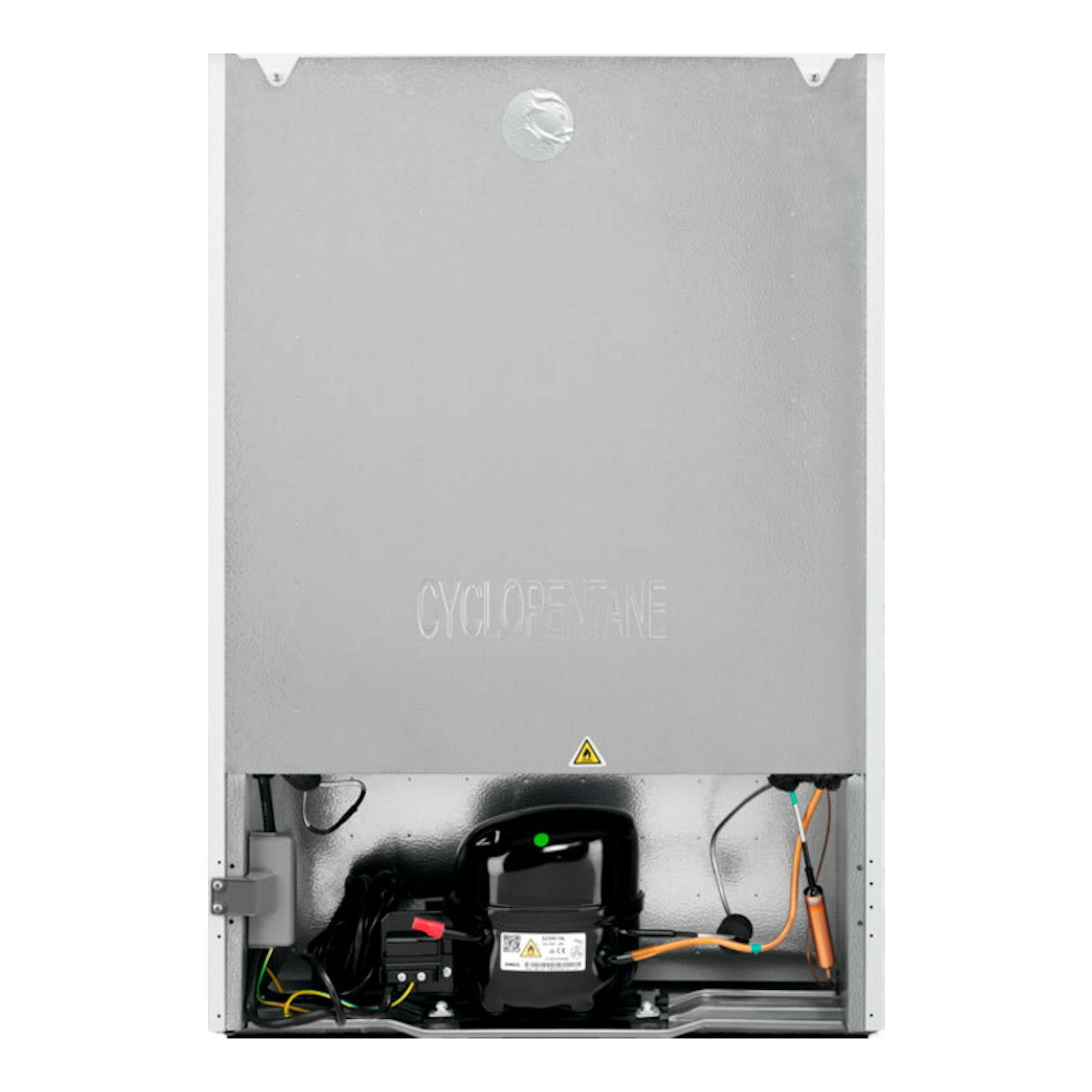 Congelador AEG ATB48E1AW, vista trasera, panel metálico gris con compresor y cables expuestos.