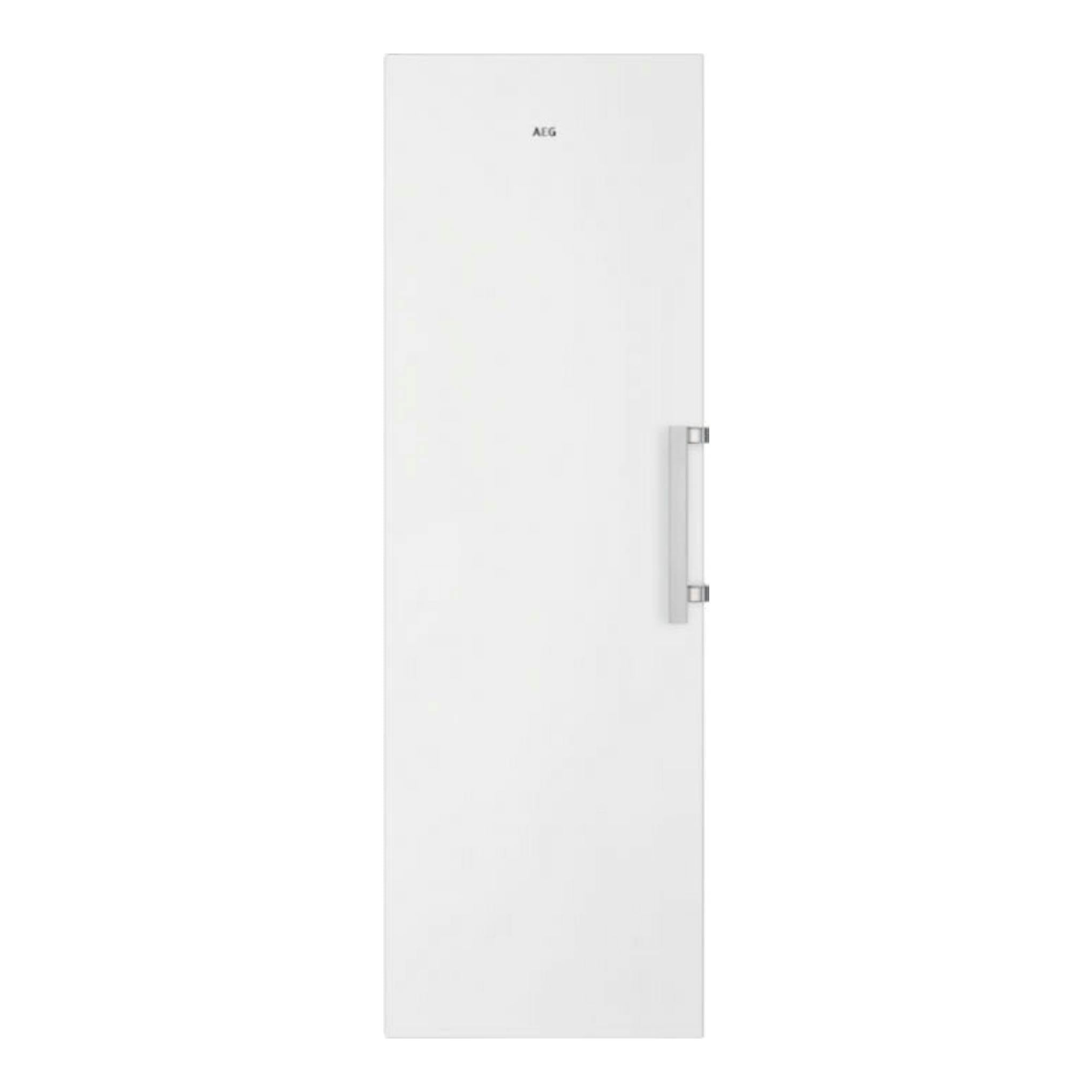 Congelador vertical AEG OAG7M281EW blanco, vista frontal con puerta lisa y tirador lateral.