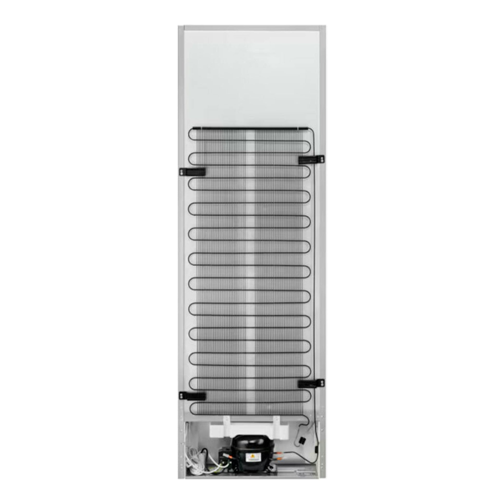 Congelador AEG OAG7M281EW blanco, vista trasera con rejilla negra y compresor inferior.
