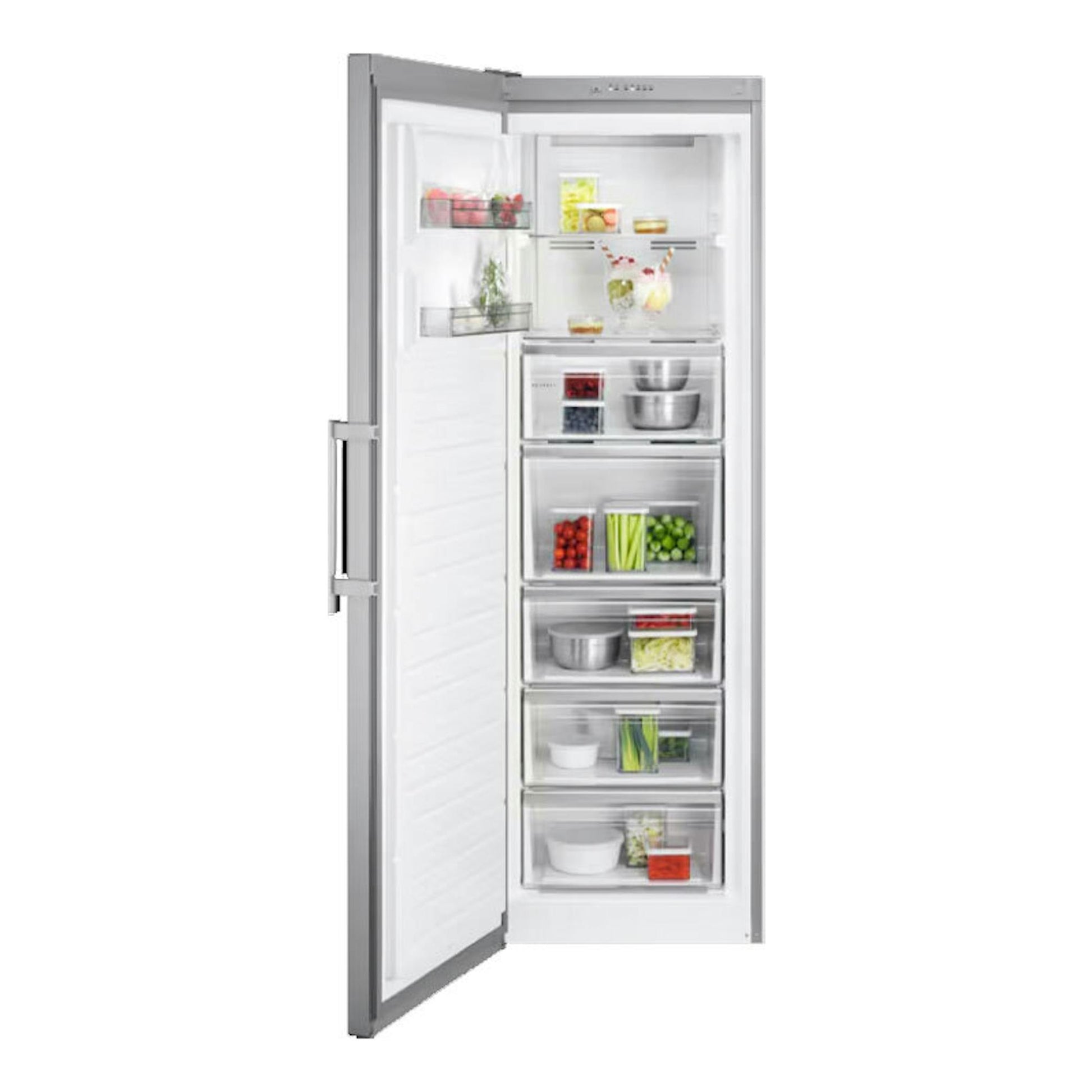 Congelador vertical AEG OAG7M281EX inox, vista frontal con puerta abierta y cajones transparentes.