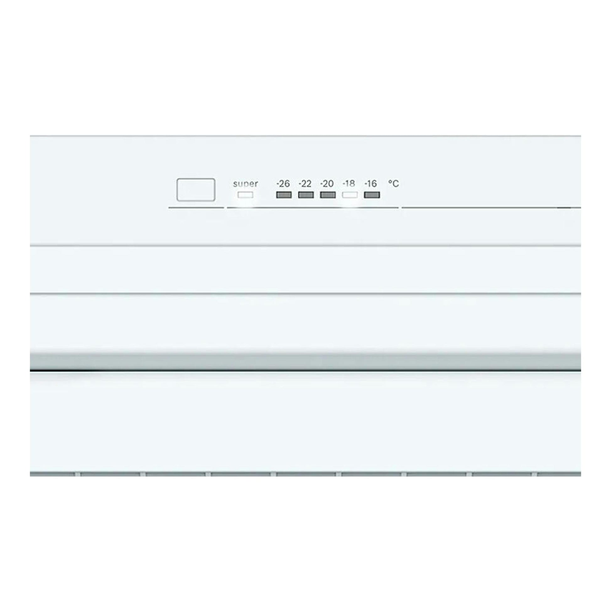 Congelador Balay 3GFE553ME inox mate, primer plano del panel frontal blanco con control de temperatura.