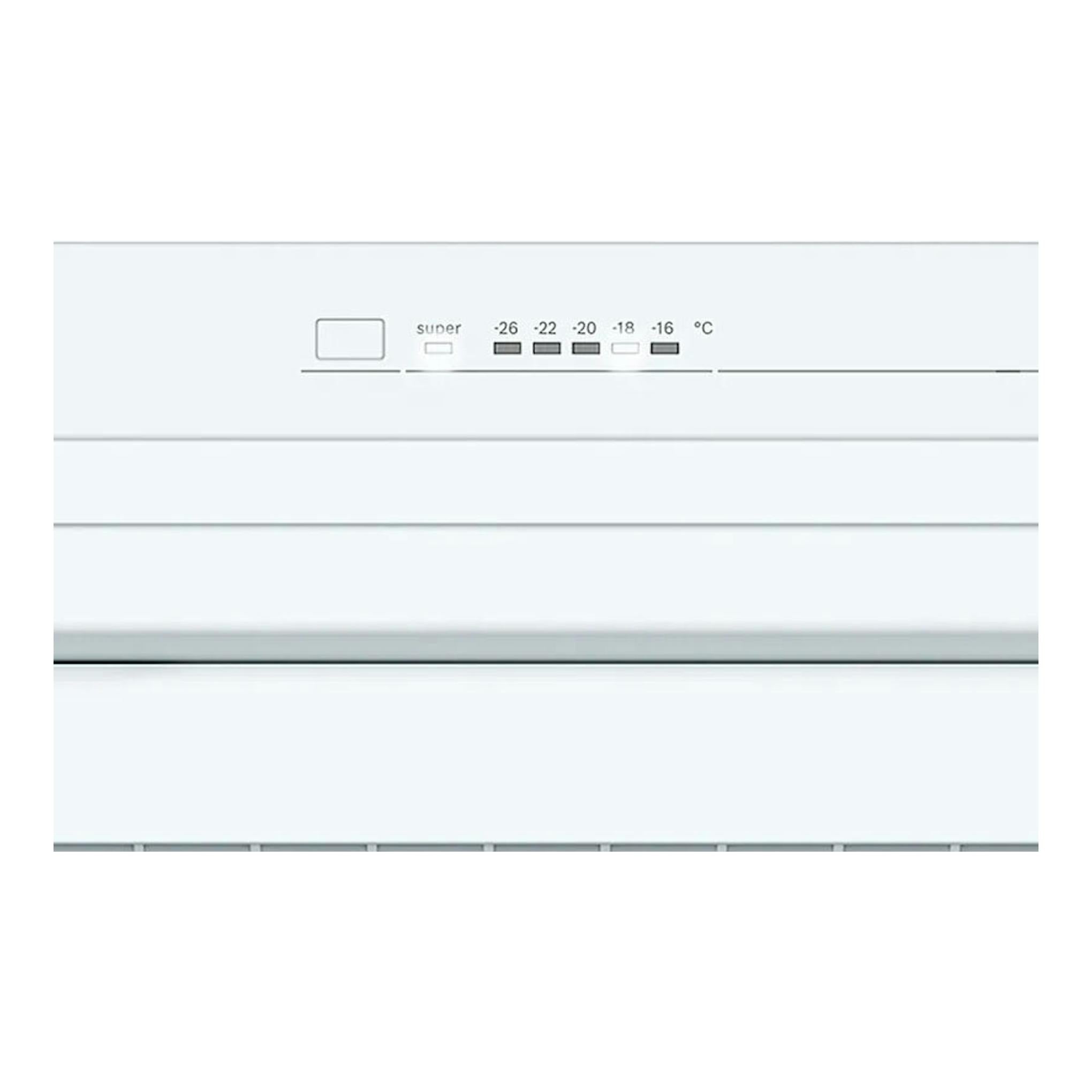 Congelador Balay 3GFE553ME inox mate, primer plano del panel frontal blanco con control de temperatura.