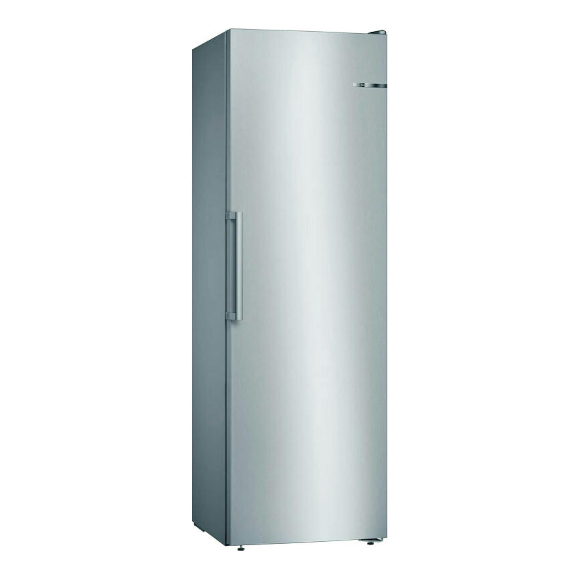 Congelador vertical Bosch GSN36VIEP de acero inoxidable, vista frontal ligeramente lateral.
