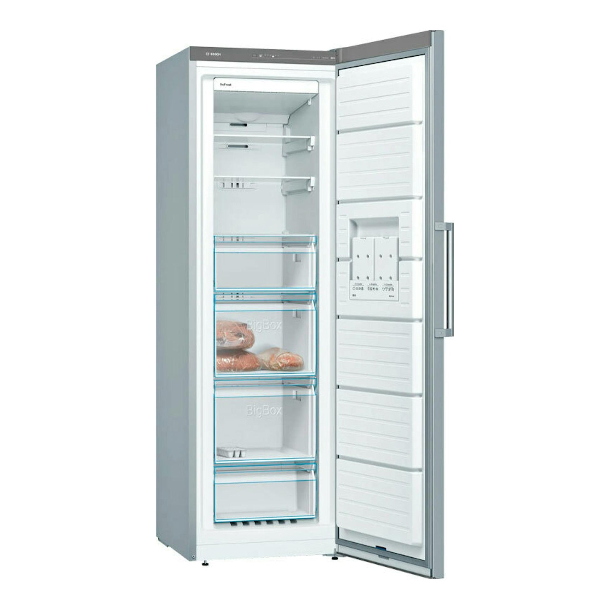 Congelador Bosch GSN36VIEP inox, vista frontal con puerta abierta y cajones interiores.