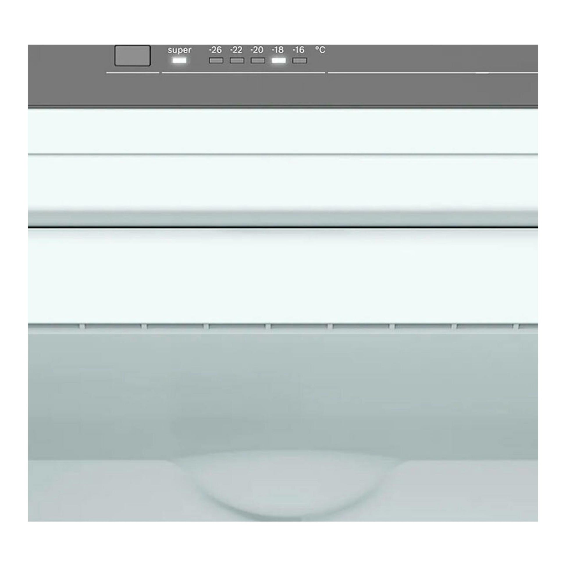 Congelador Bosch GSN36VIEP inox, vista frontal parcial del panel superior y cajones blancos.