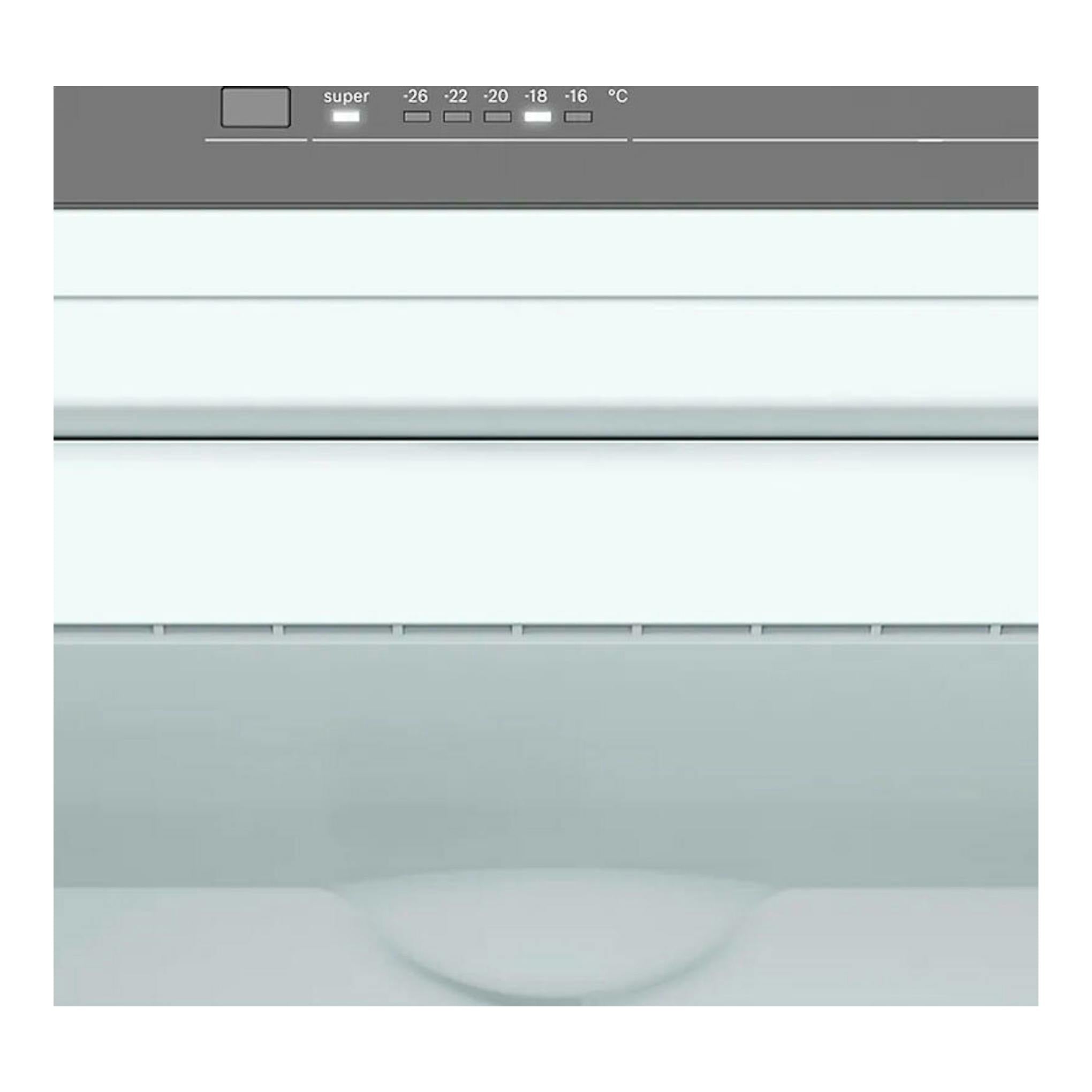 Congelador Bosch GSN36VIEP inox, vista frontal parcial del panel superior y cajones blancos.