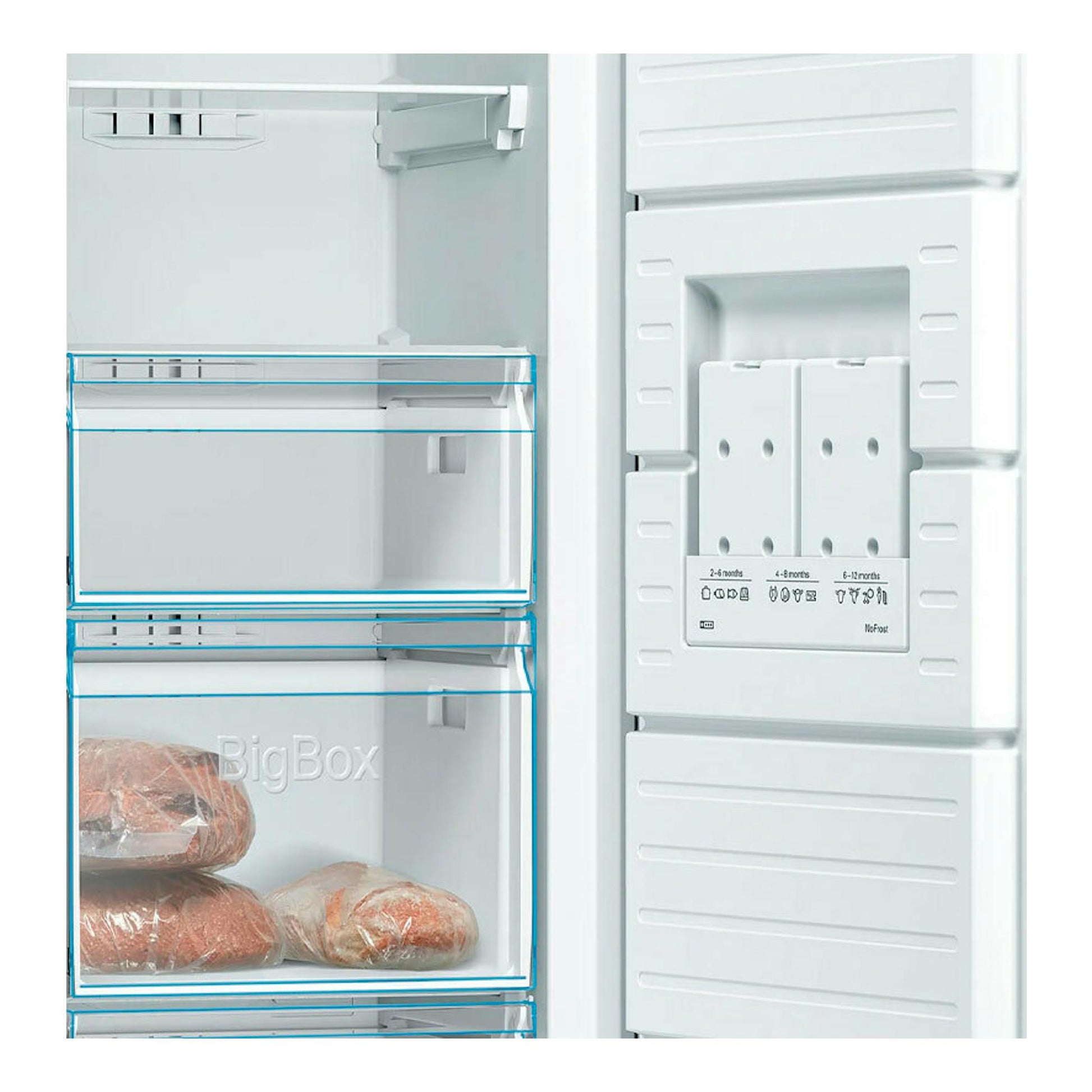Bosch GSN36VIEP Inox, interior frontal de congelador con cajones transparentes y compartimento BigBox.