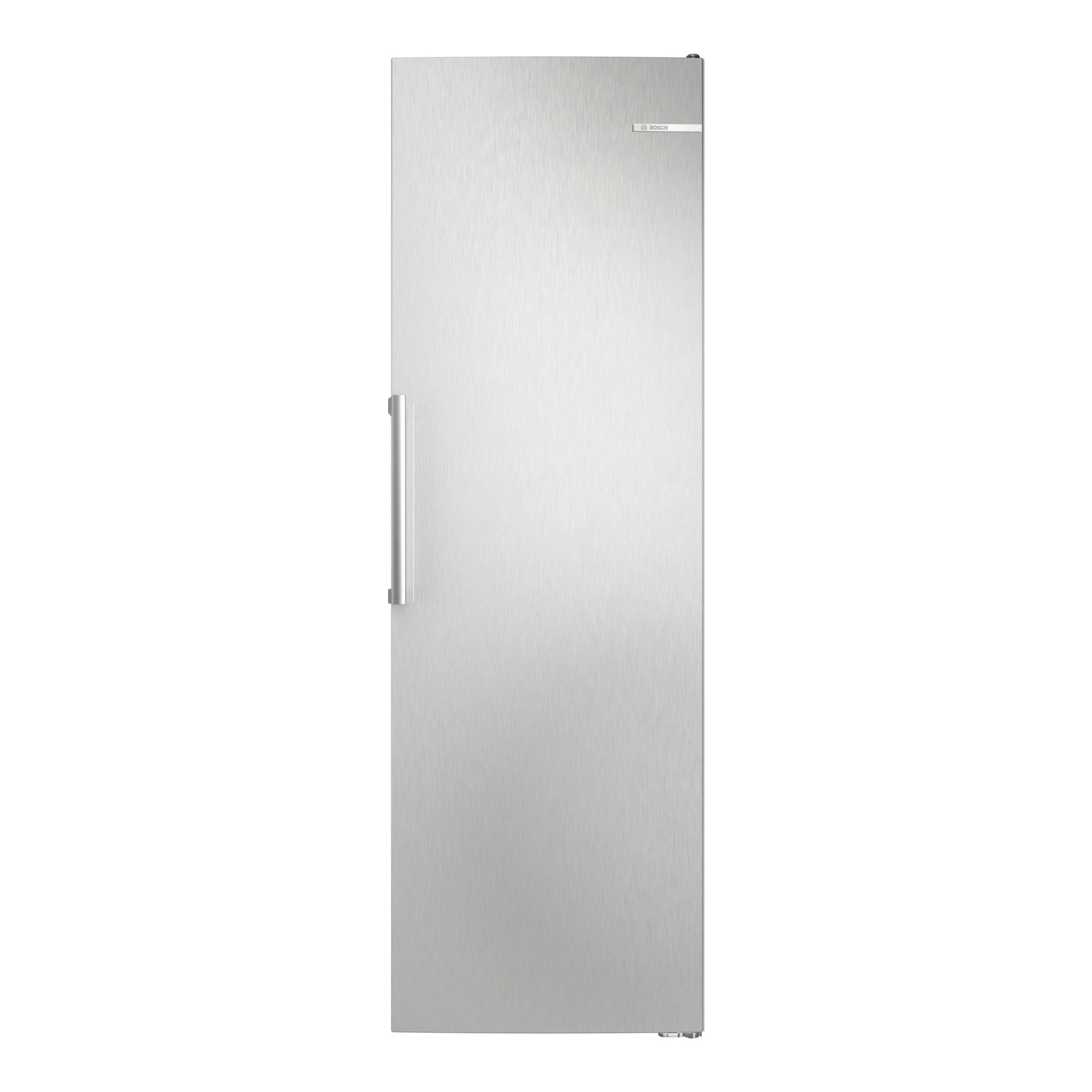 Congelador Bosch GSN36VLDG de acero inoxidable, vista frontal con puerta y tirador vertical.