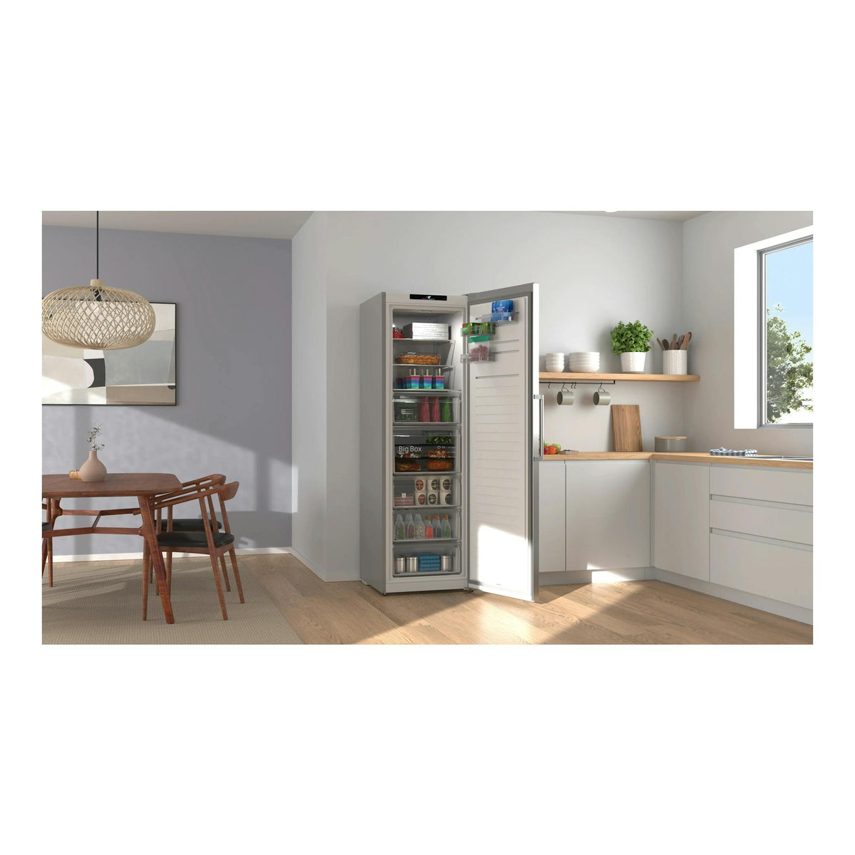 Congelador vertical Bosch GSN36VLDG de acero inoxidable, puerta abierta, visto de frente en una cocina moderna.