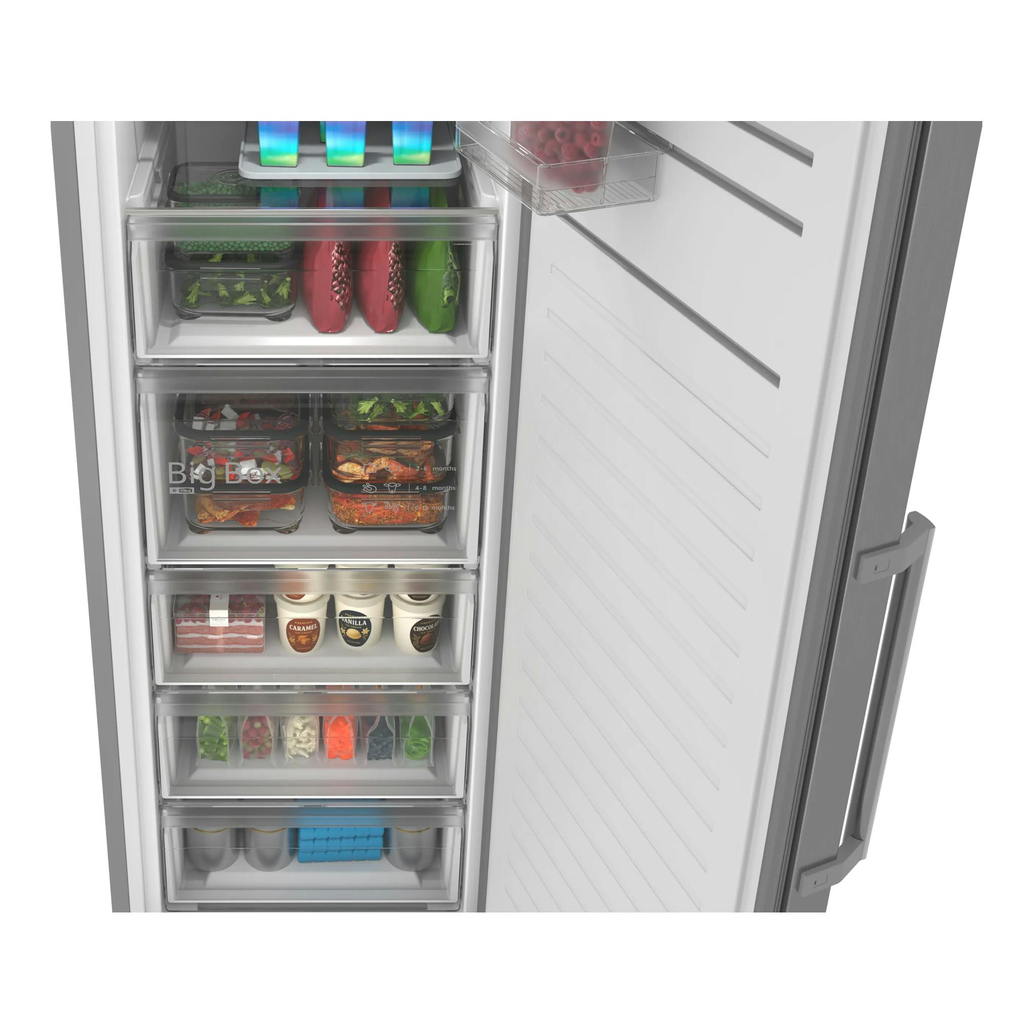 Congelador Bosch GSN36VLDG abierto, vista frontal del interior con cajones transparentes y puerta blanca.