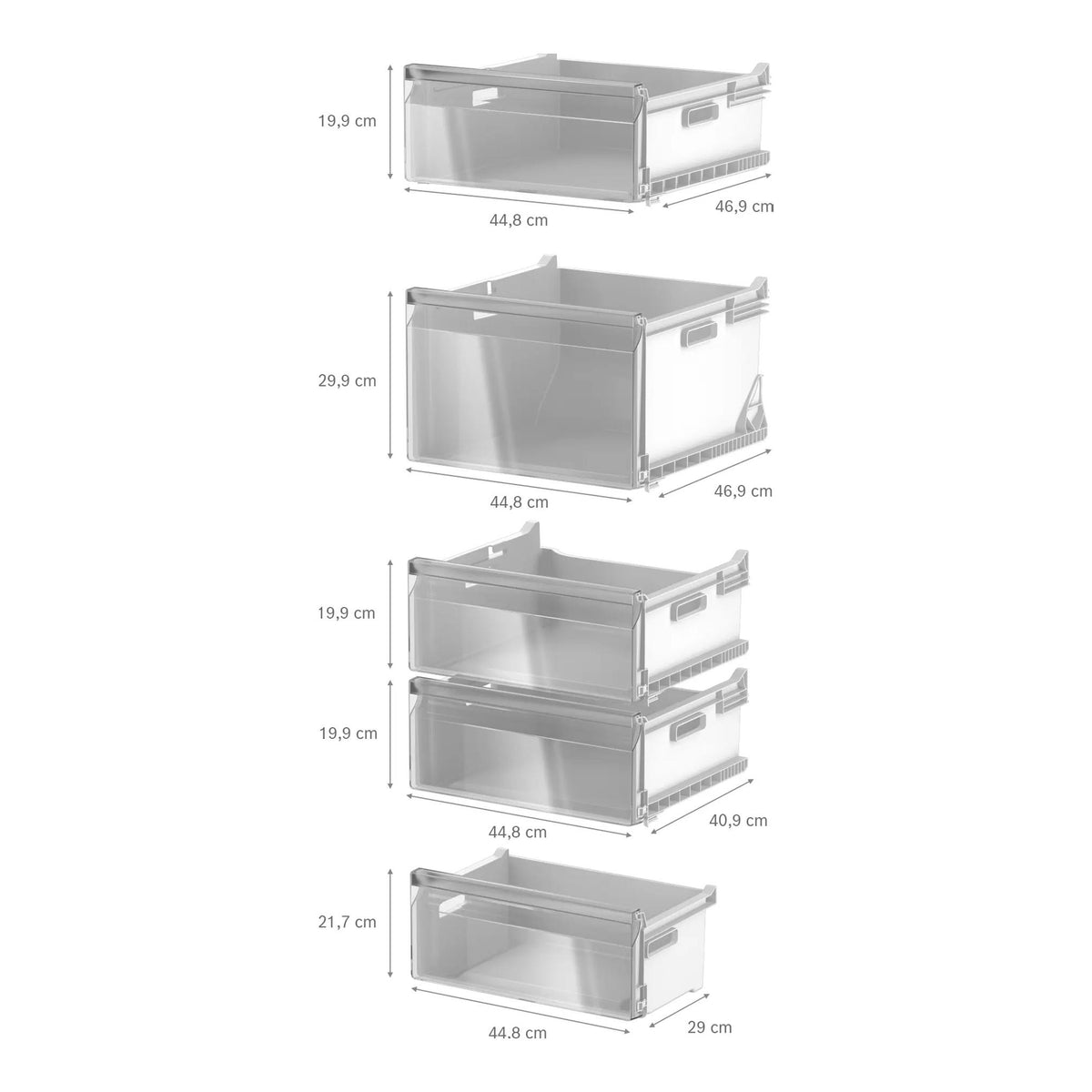 Cajones transparentes de congelador Bosch GSN36VLDG, vista lateral, con medidas en cm.