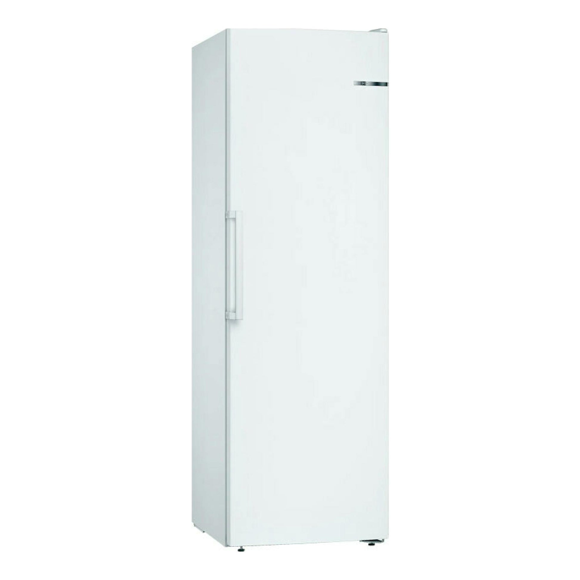 Congelador vertical Bosch GSN36VWEP blanco, vista frontal en ángulo con puerta única y tirador lateral.