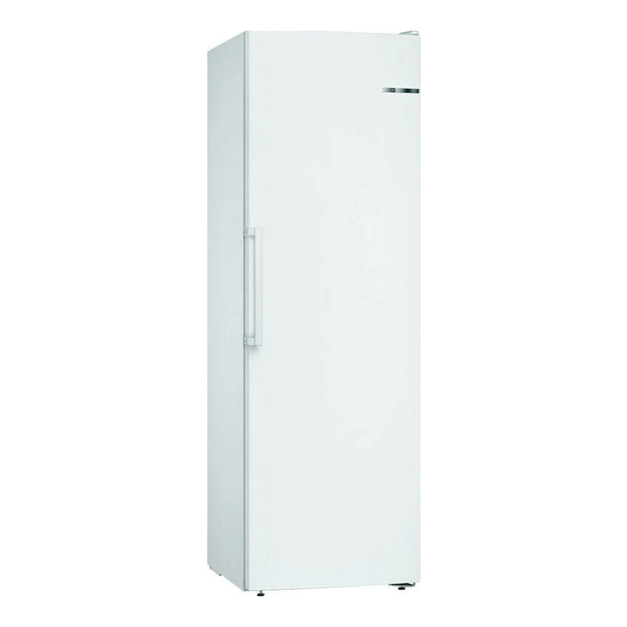 Congelador vertical Bosch GSN36VWEP blanco, vista frontal en ángulo con puerta única y tirador lateral.