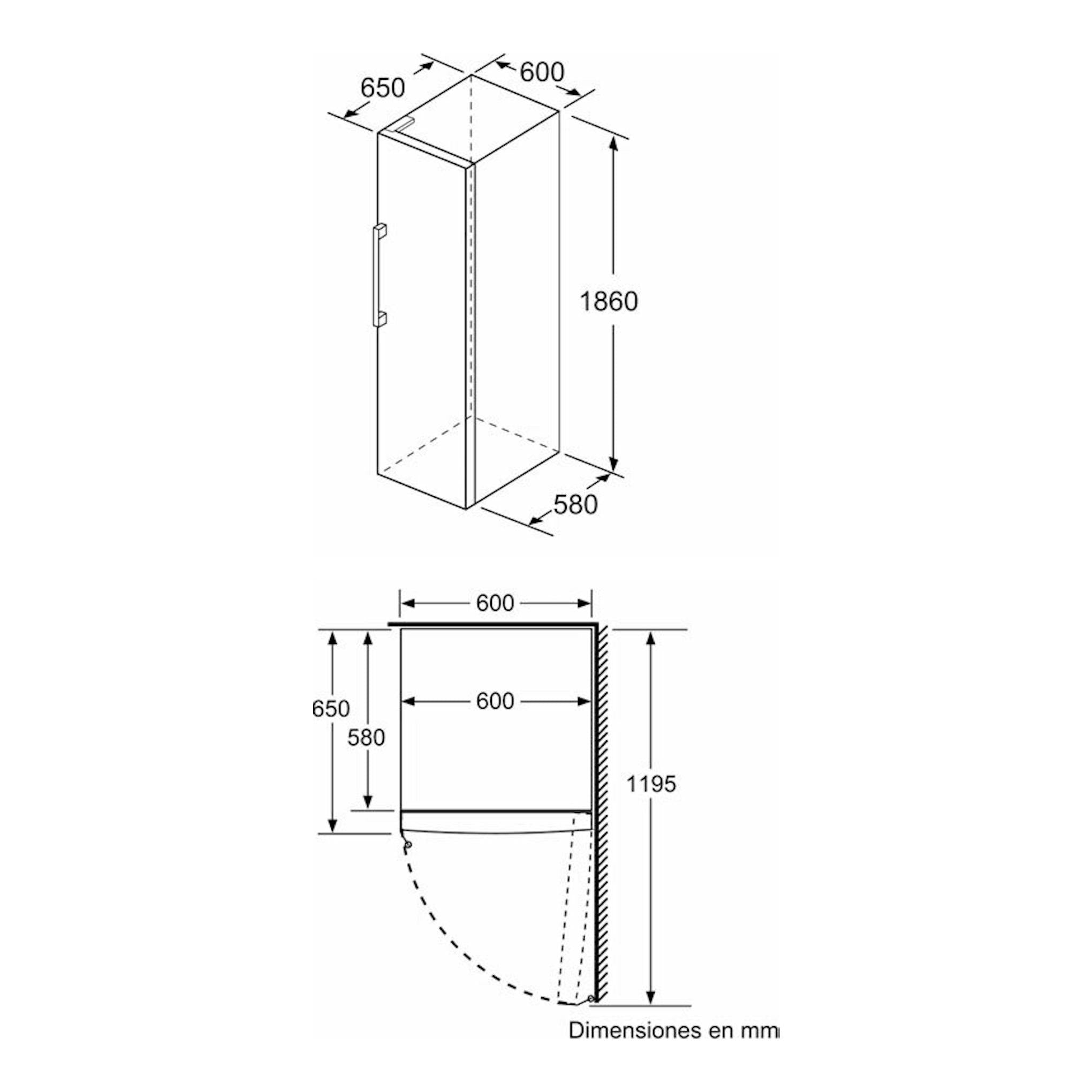 Bosch GSN36VWEP, congelador blanco, esquema técnico con vistas frontal y lateral y medidas en mm.