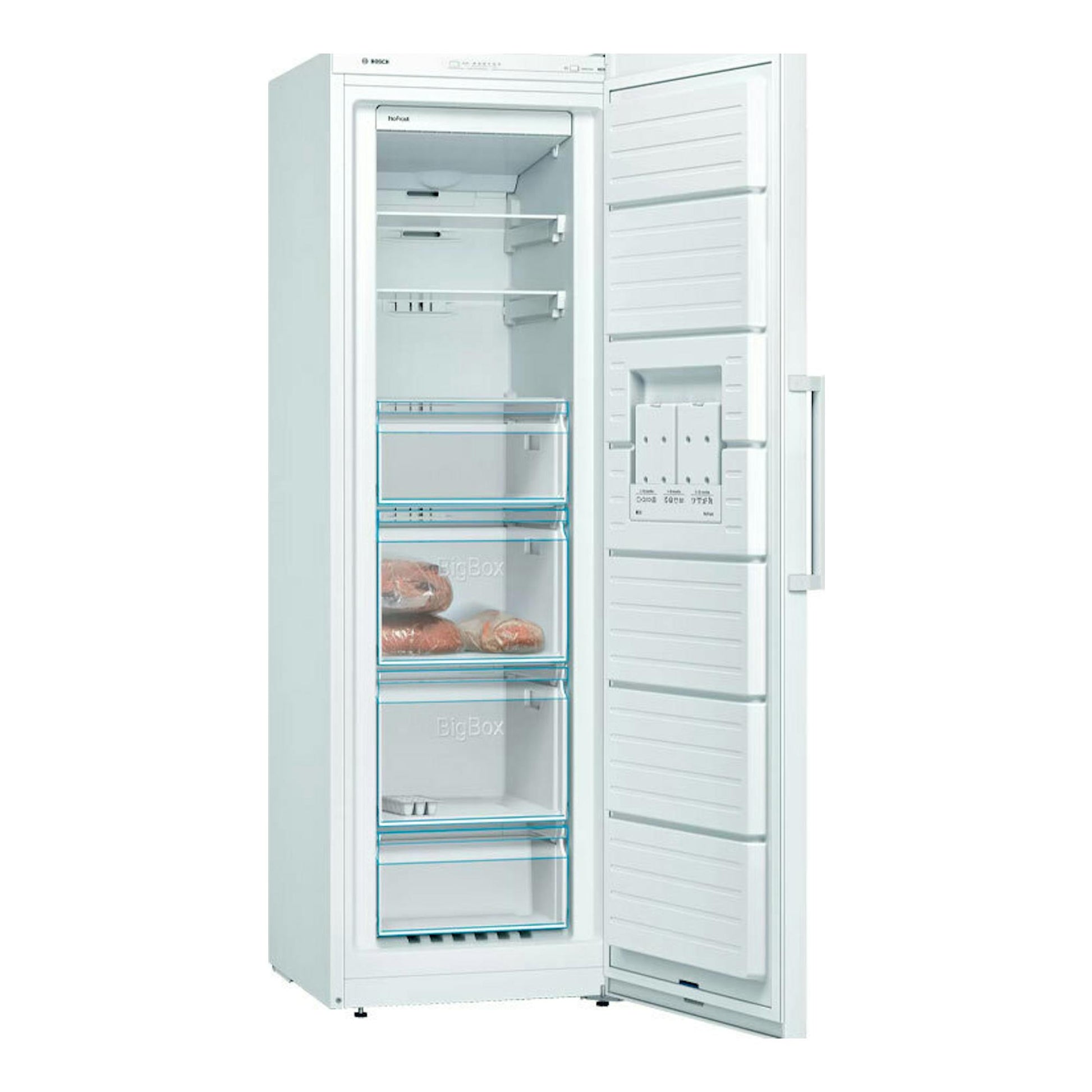 Congelador Bosch GSN36VWEP blanco, vista frontal con la puerta abierta y cajones interiores visibles.